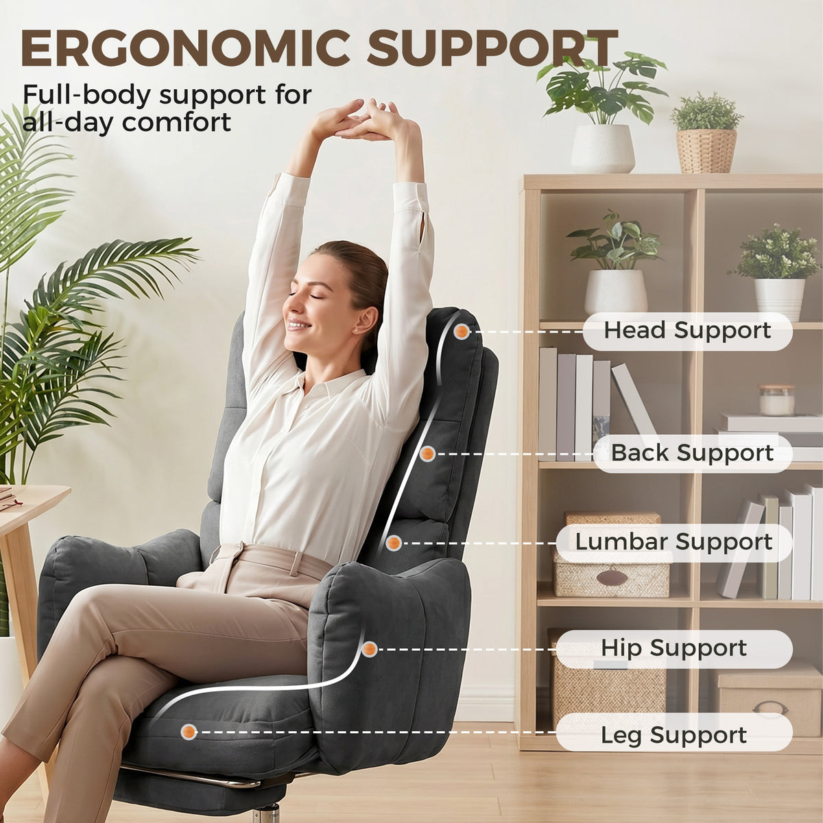 Ergonomic Reclining Office Chair with Footrest - Dark Grey-Office Products > Office Furniture > Office Chairs > Task Chairs-DECOROLALA