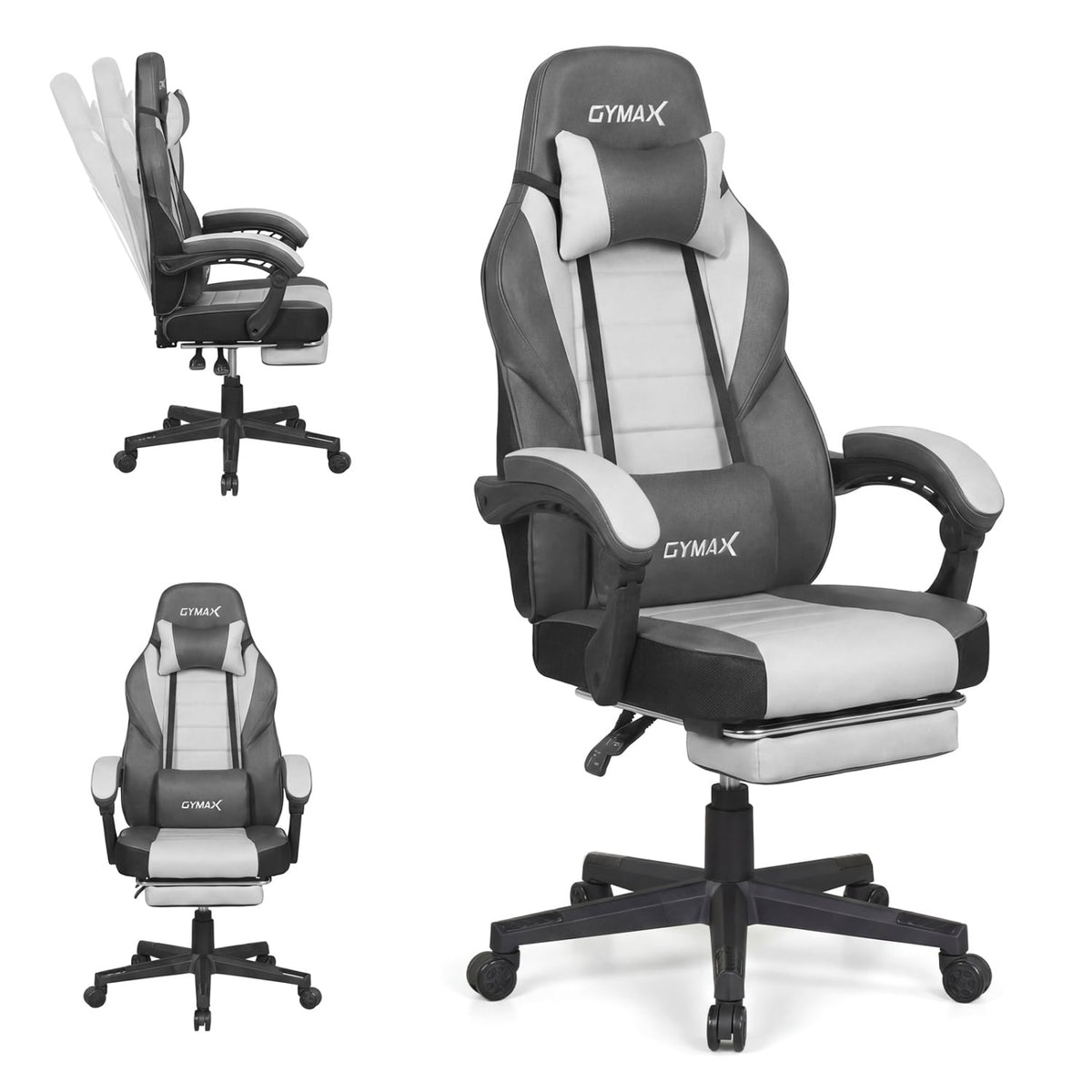 Ergonomic Video Game Chair with Headrest and Reclining Backrest-Grey-Gaming Chairs-DECOROLALA