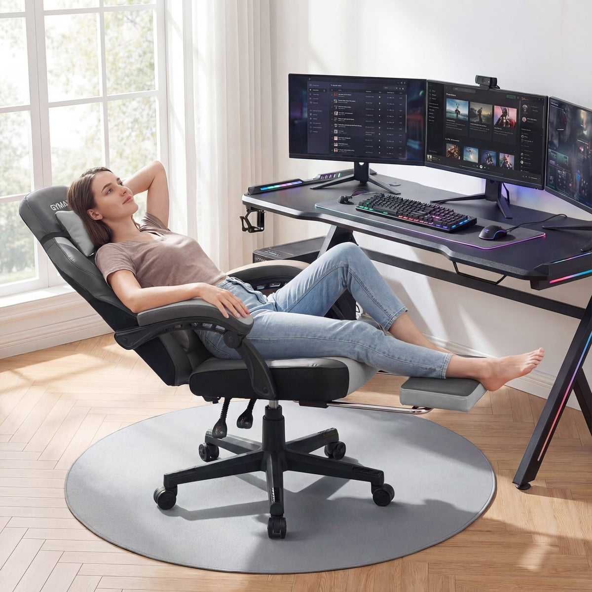 Ergonomic Video Game Chair with Headrest and Reclining Backrest-Grey-Gaming Chairs-DECOROLALA