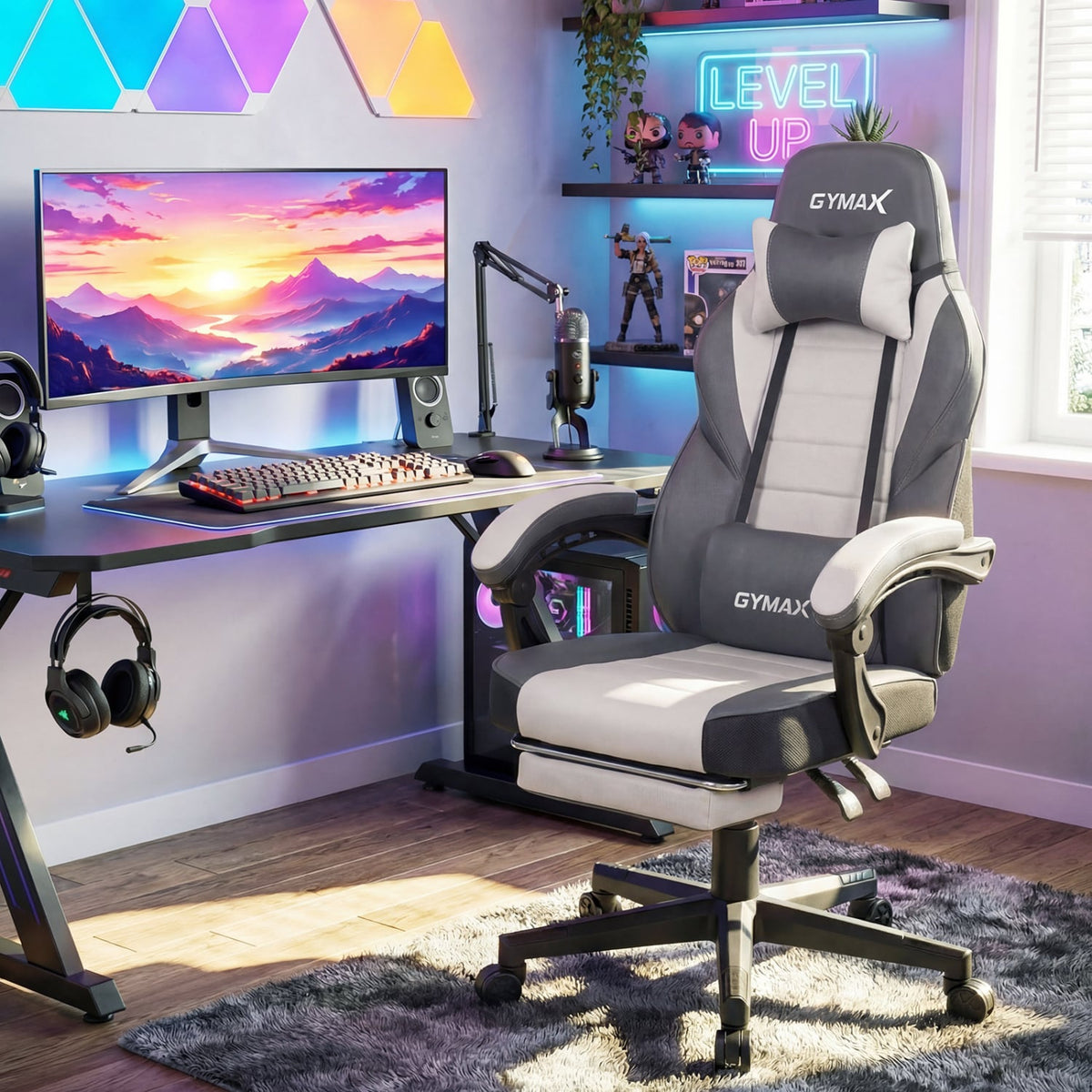 Ergonomic Video Game Chair with Headrest and Reclining Backrest-Grey-Gaming Chairs-DECOROLALA