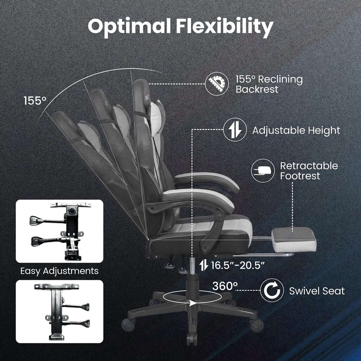 Ergonomic Video Game Chair with Headrest and Reclining Backrest-Grey-Gaming Chairs-DECOROLALA