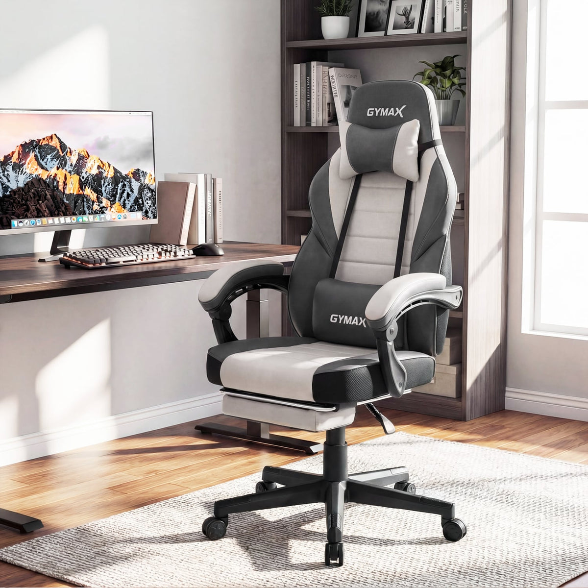 Ergonomic Video Game Chair with Headrest and Reclining Backrest-Grey-Gaming Chairs-DECOROLALA