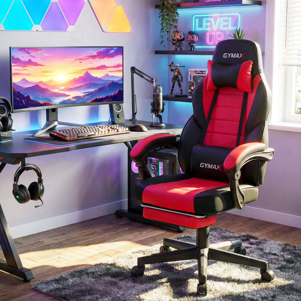Ergonomic Video Game Chair with Headrest and Reclining Backrest-Red-Gaming Chairs-DECOROLALA