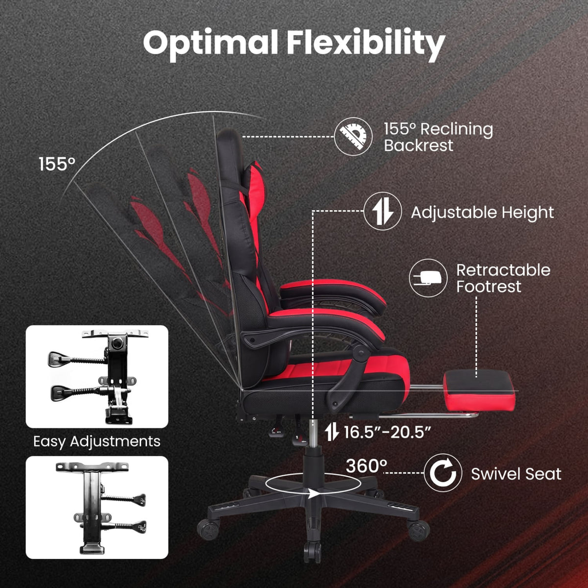 Ergonomic Video Game Chair with Headrest and Reclining Backrest-Red-Gaming Chairs-DECOROLALA
