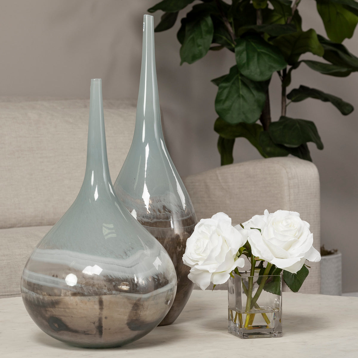 Erie II Tall Two Toned Sky Blue Dark Brown Blown Glass Vase-Vase-DECOROLALA