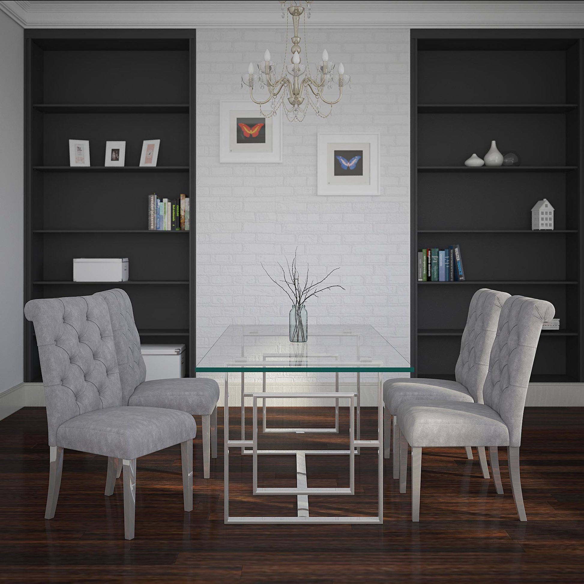 Eros Dining Table - Silver Glass Top Geometric Base-DECOROLALA