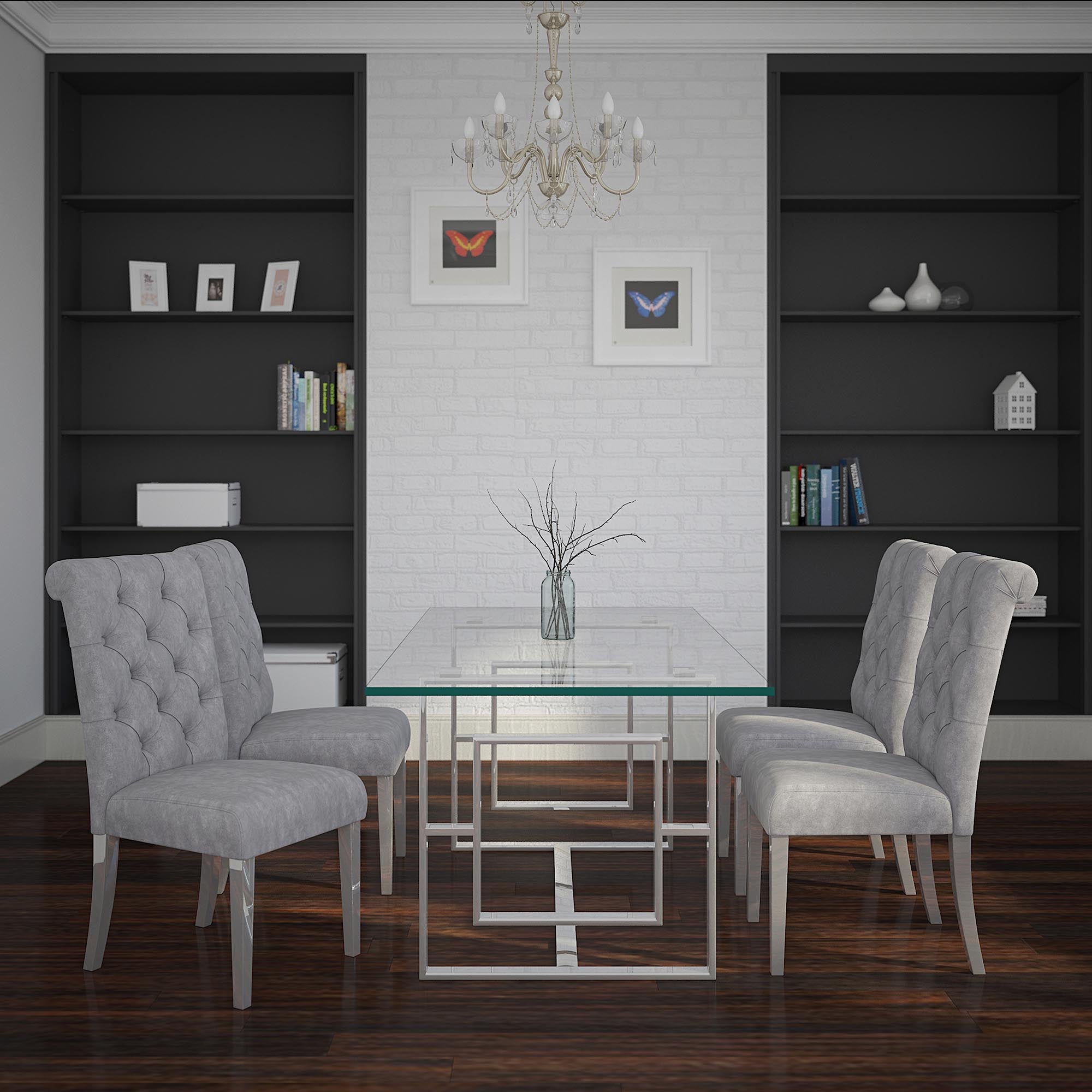 Eros Dining Table - Silver Glass Top Geometric Base-DECOROLALA