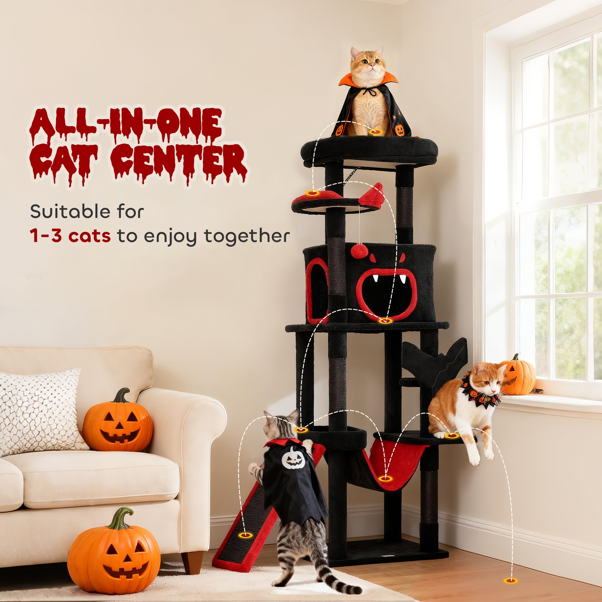 Gothic Cat Tree, 60" Tall Cat Tower with Coffin Bed,  Sisal Scratching Posts & Ramp, Condo, Hammock, Perches, Black