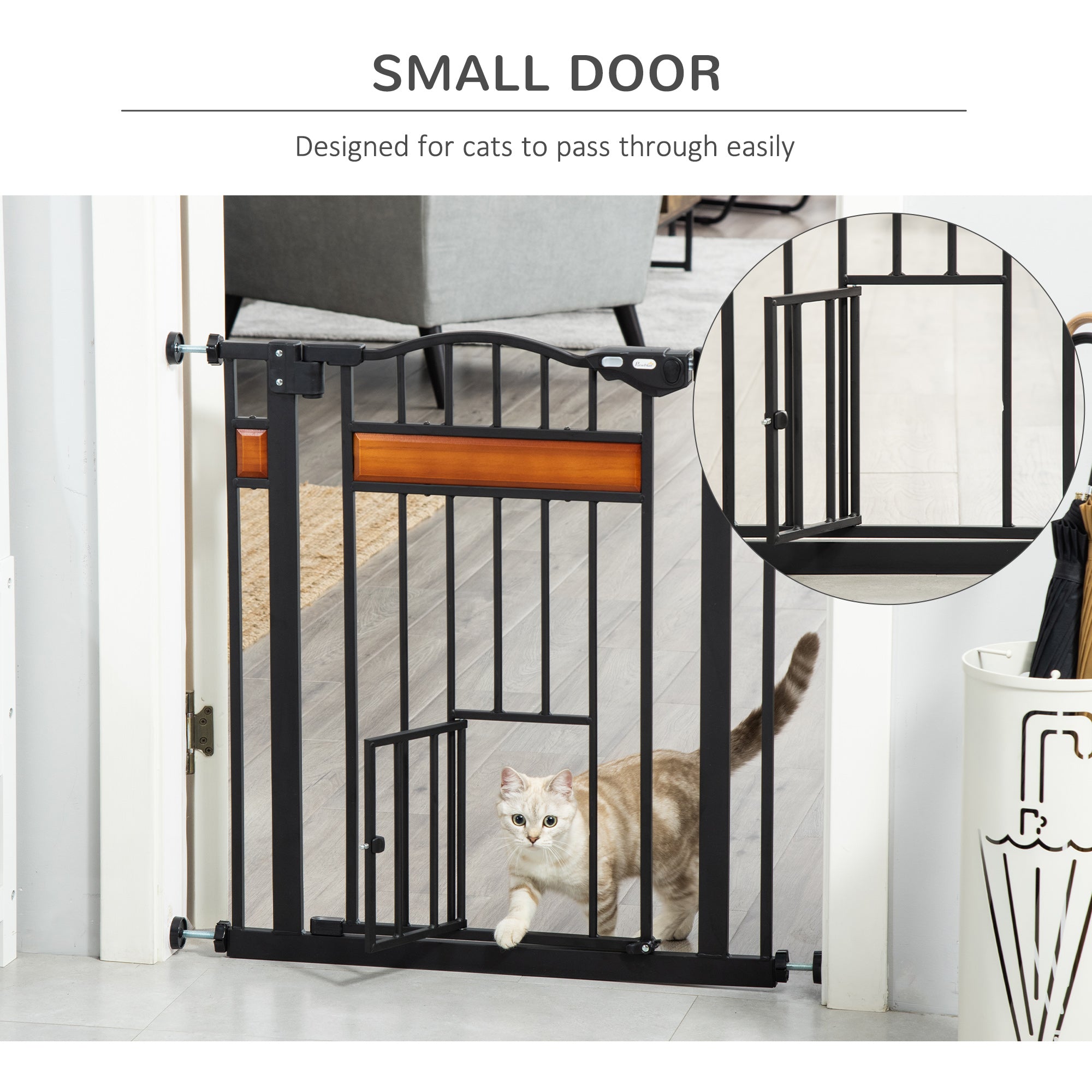 Barrière extra-large pour chien de 29.1'' à 31.5'' avec chatière, barrière d’escalier de 30"H avec extension, coupelles murales, fixation par pression, fermeture automatique, double verrouillage, pour portes, couloirs et escaliers, noire