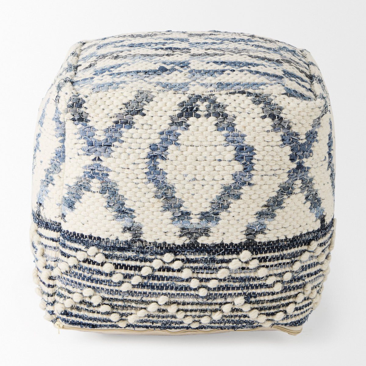 Eshana 16.0L x 16.0W x 16.0H Cream Wool and Denim Patterned Pouf-Poufs-DECOROLALA