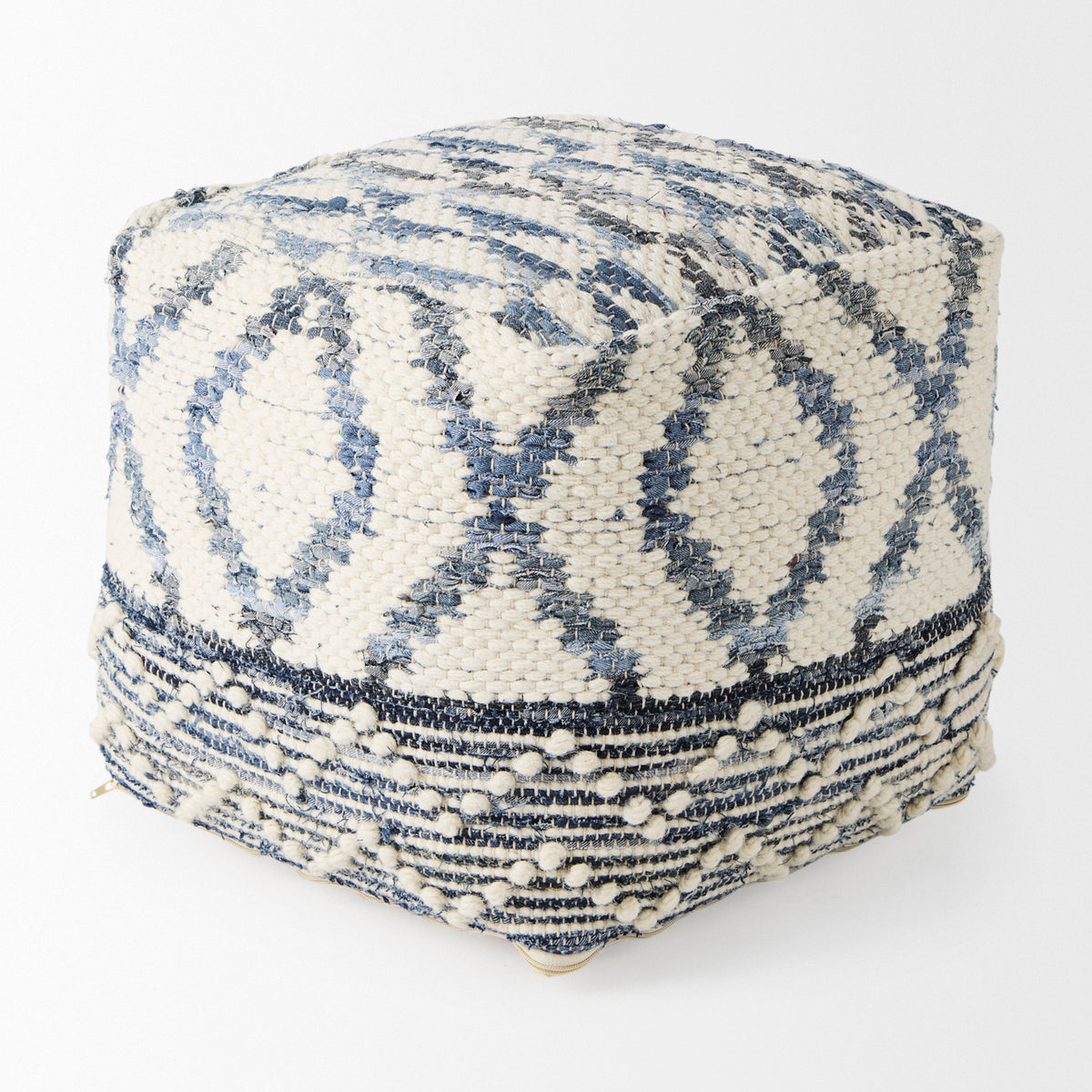 Eshana 16.0L x 16.0W x 16.0H Cream Wool and Denim Patterned Pouf-Poufs-DECOROLALA