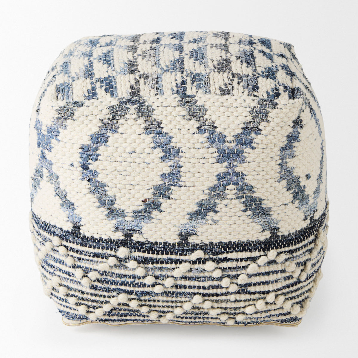 Eshana 16.0L x 16.0W x 16.0H Cream Wool and Denim Patterned Pouf-Poufs-DECOROLALA