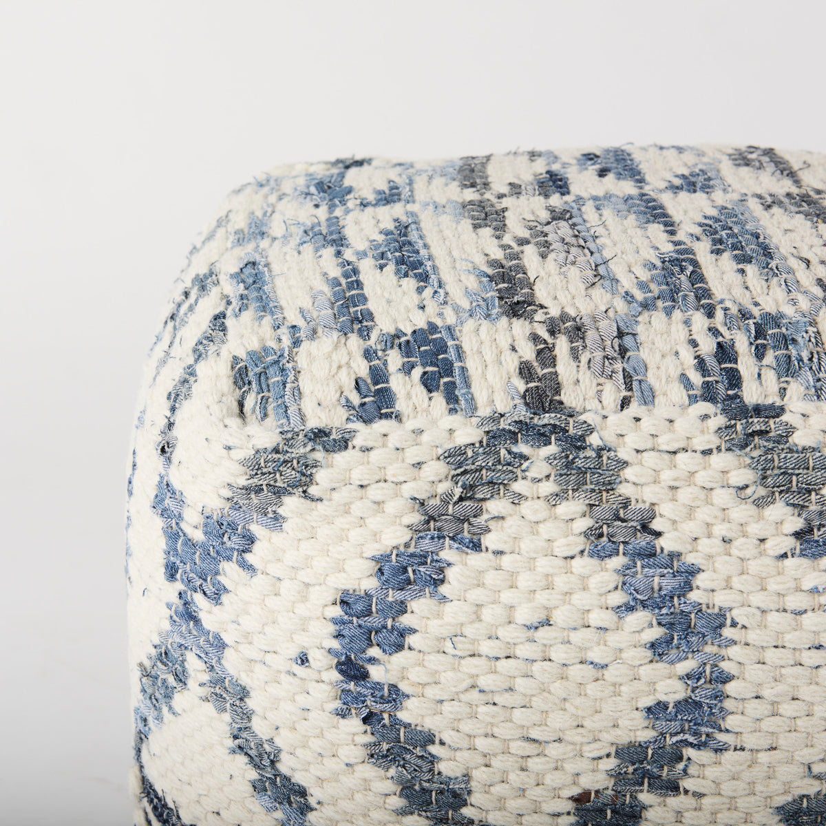 Eshana 16.0L x 16.0W x 16.0H Cream Wool and Denim Patterned Pouf-Poufs-DECOROLALA