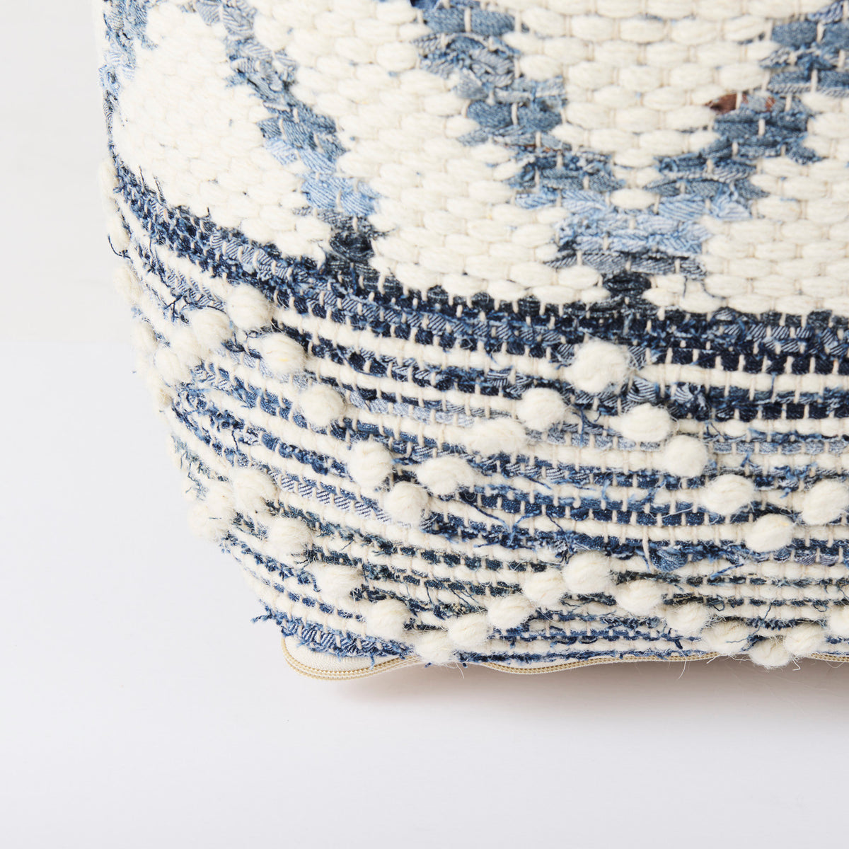 Eshana 16.0L x 16.0W x 16.0H Cream Wool and Denim Patterned Pouf-Poufs-DECOROLALA