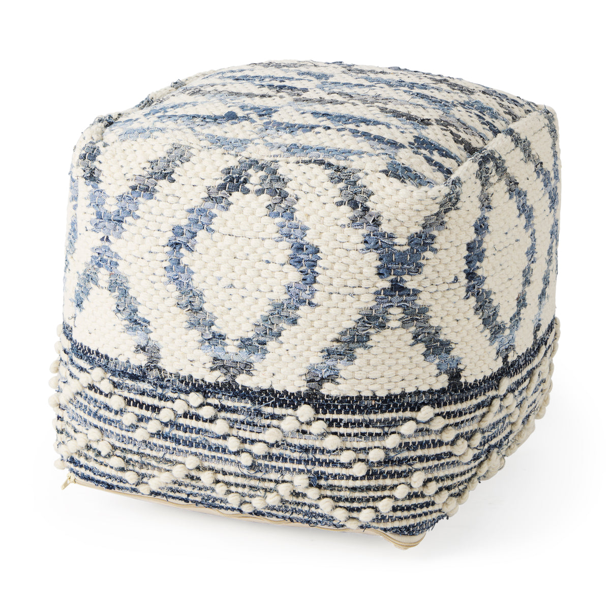 Eshana 16.0L x 16.0W x 16.0H Cream Wool and Denim Patterned Pouf-Poufs-DECOROLALA