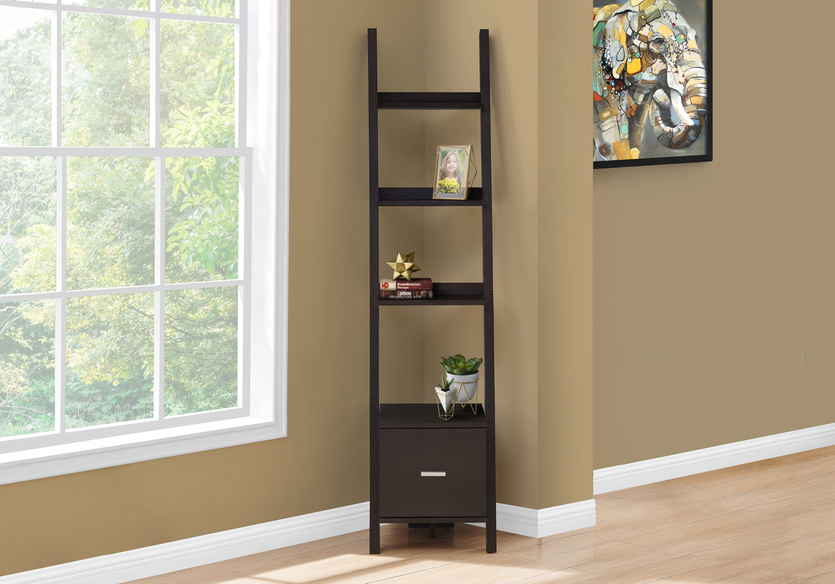 Espresso Corner Etagere Bookcase 69"H with Drawer-Bookcases-DECOROLALA