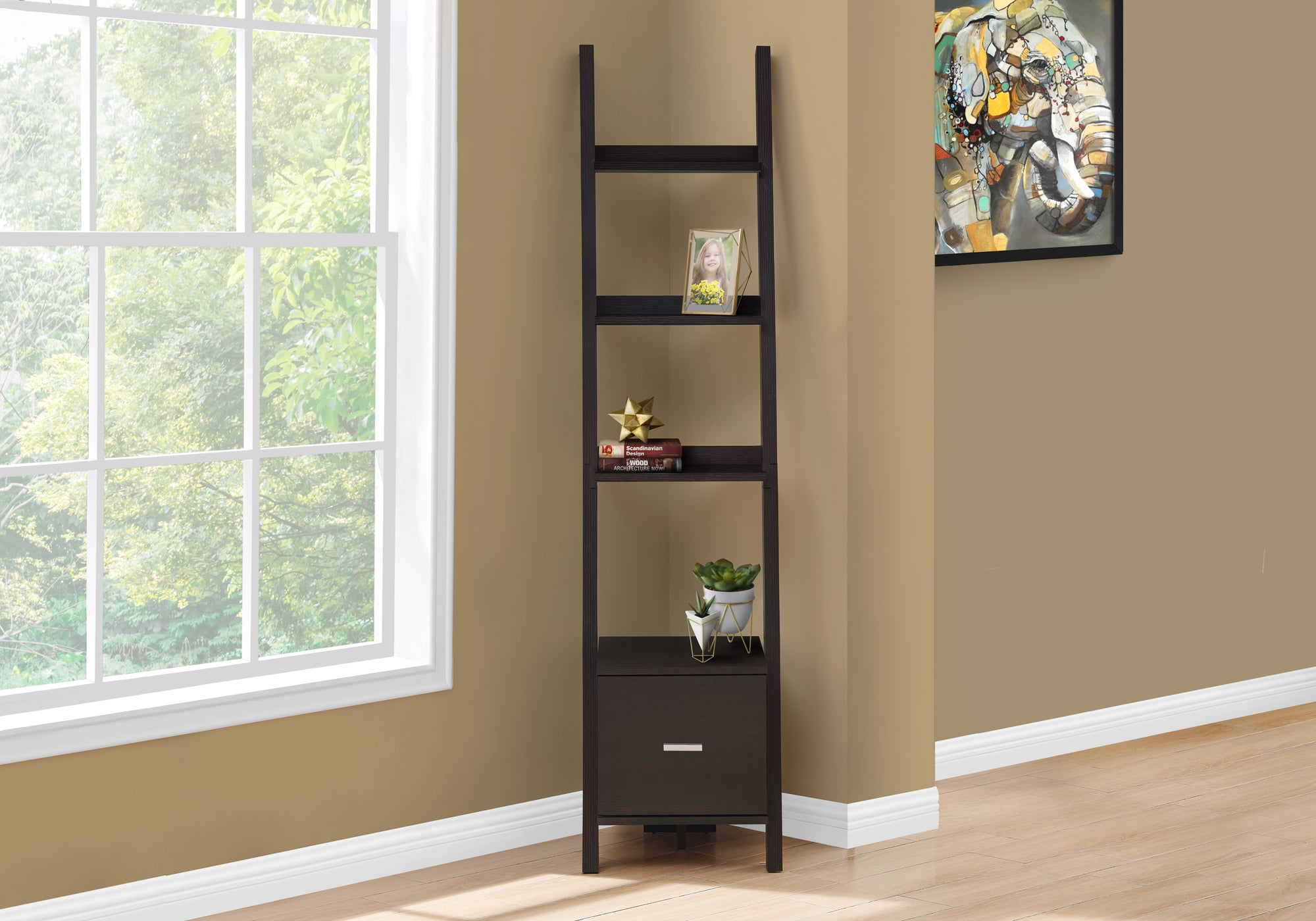 Espresso Corner Etagere Bookcase 69"H with Drawer-Bookshelf-DECOROLALA