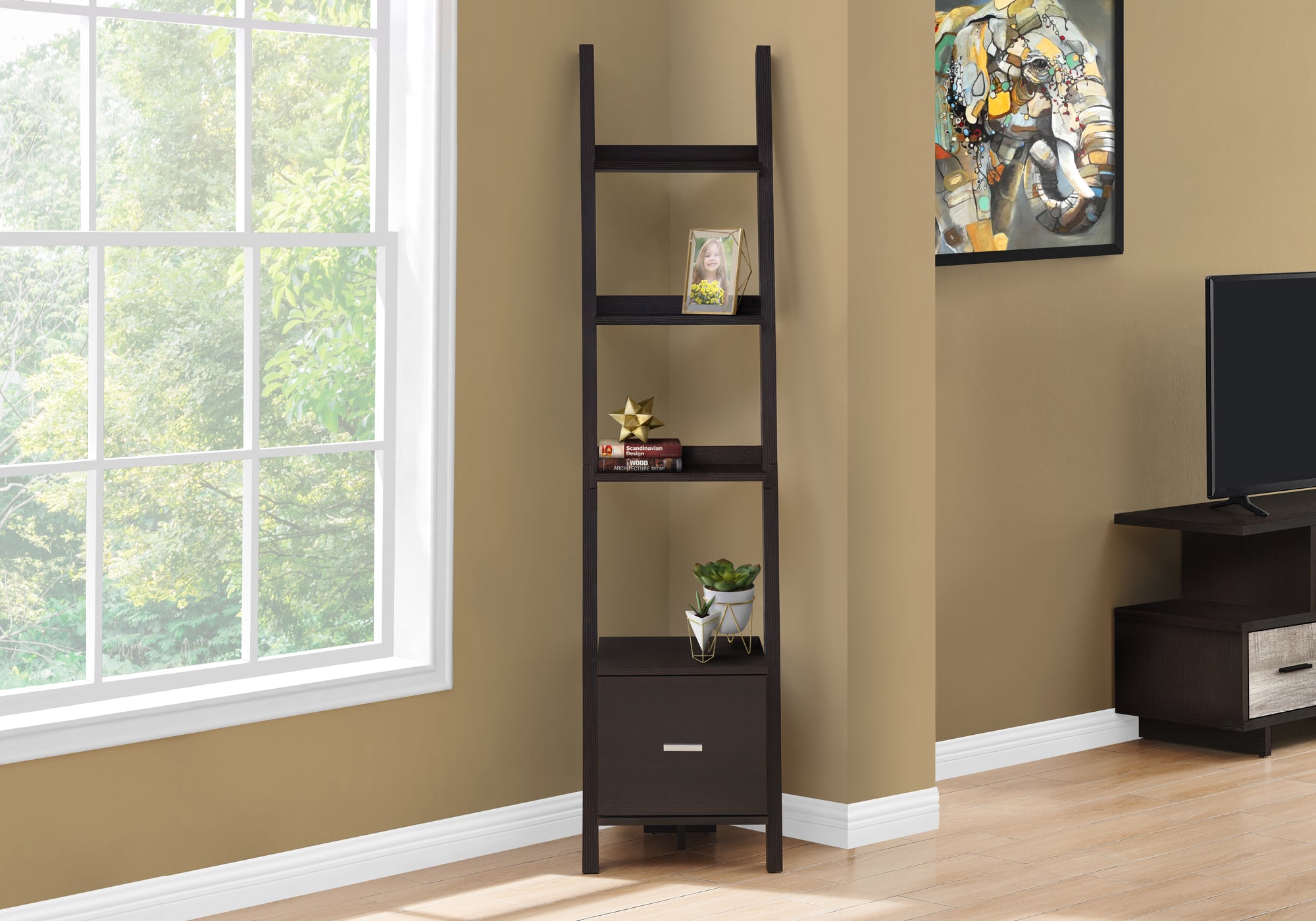Espresso Corner Etagere Bookcase 69"H with Drawer-Bookshelf-DECOROLALA