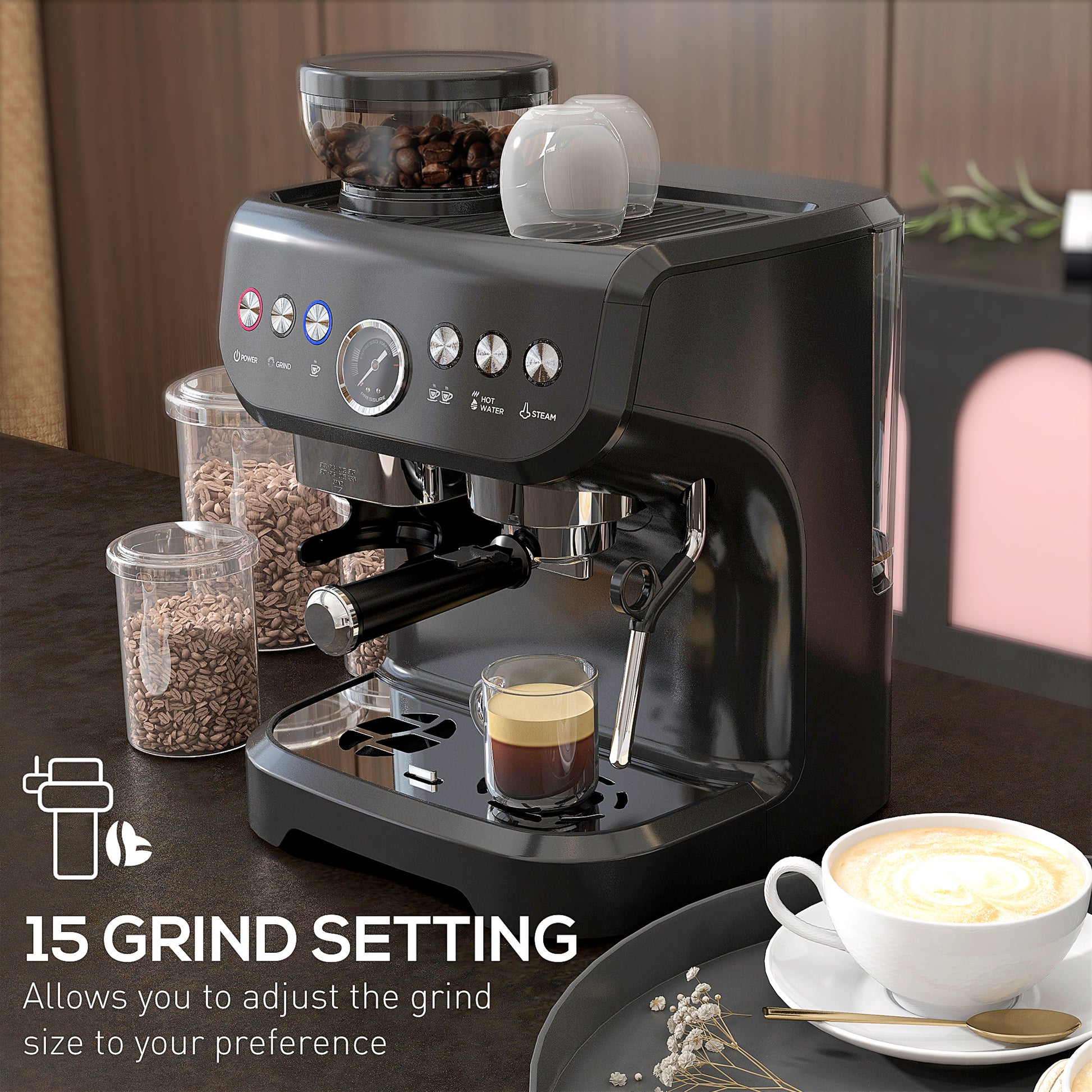 Espresso Machine with Grinder & Milk Frother - 15 Bar Black-DECOROLALA