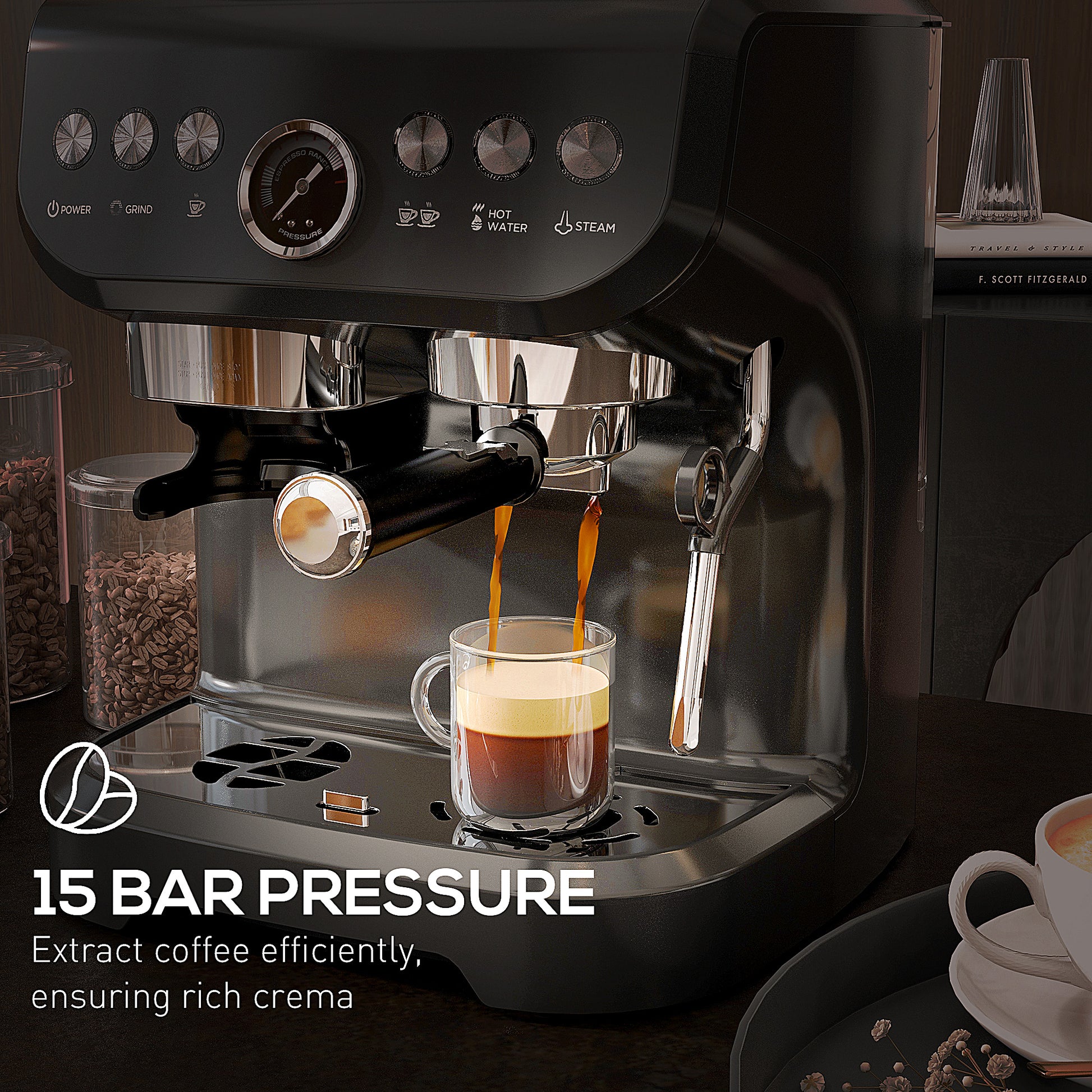 Espresso Machine with Grinder & Milk Frother - 15 Bar Black-DECOROLALA