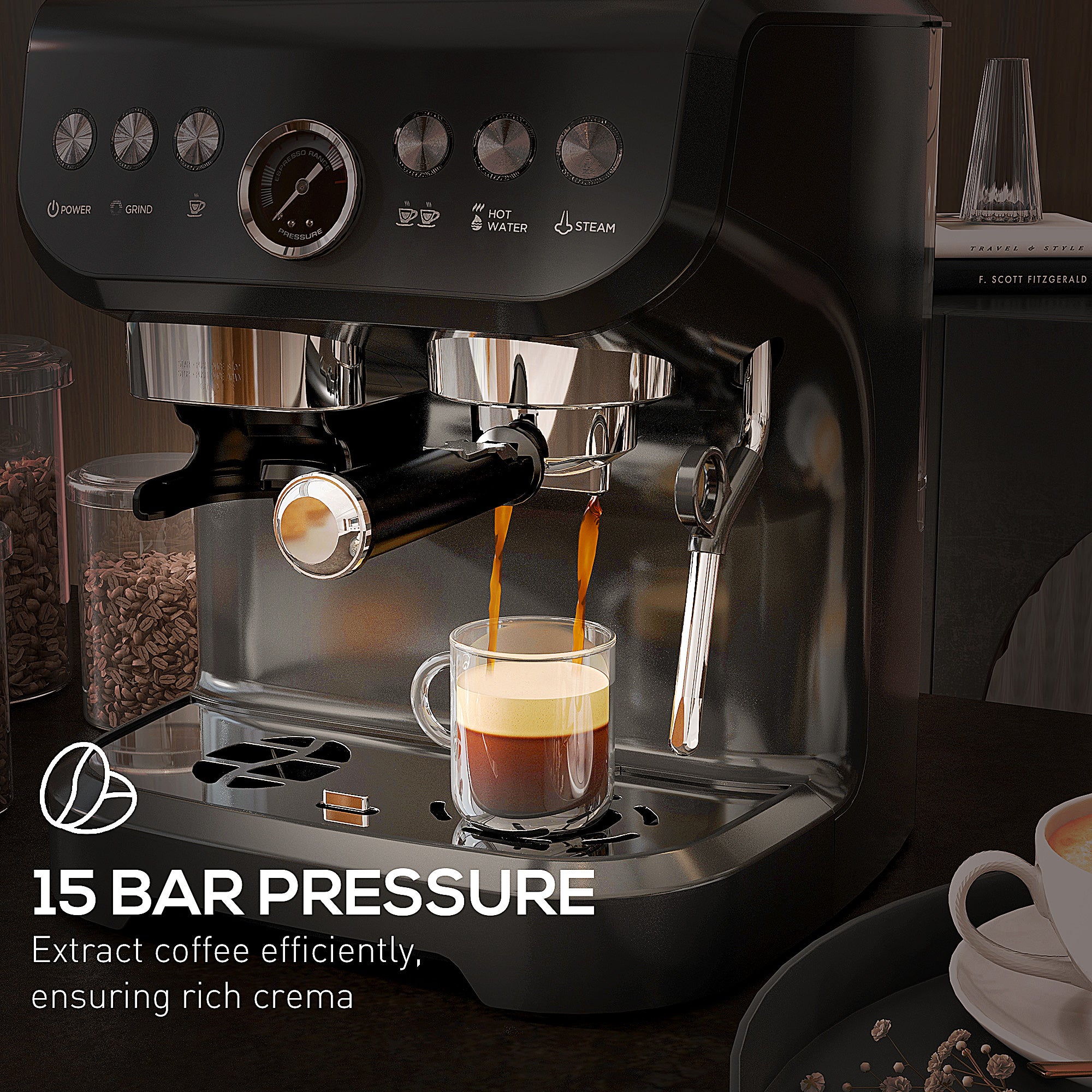 Espresso Machine with Grinder & Milk Frother - 15 Bar Black-DECOROLALA