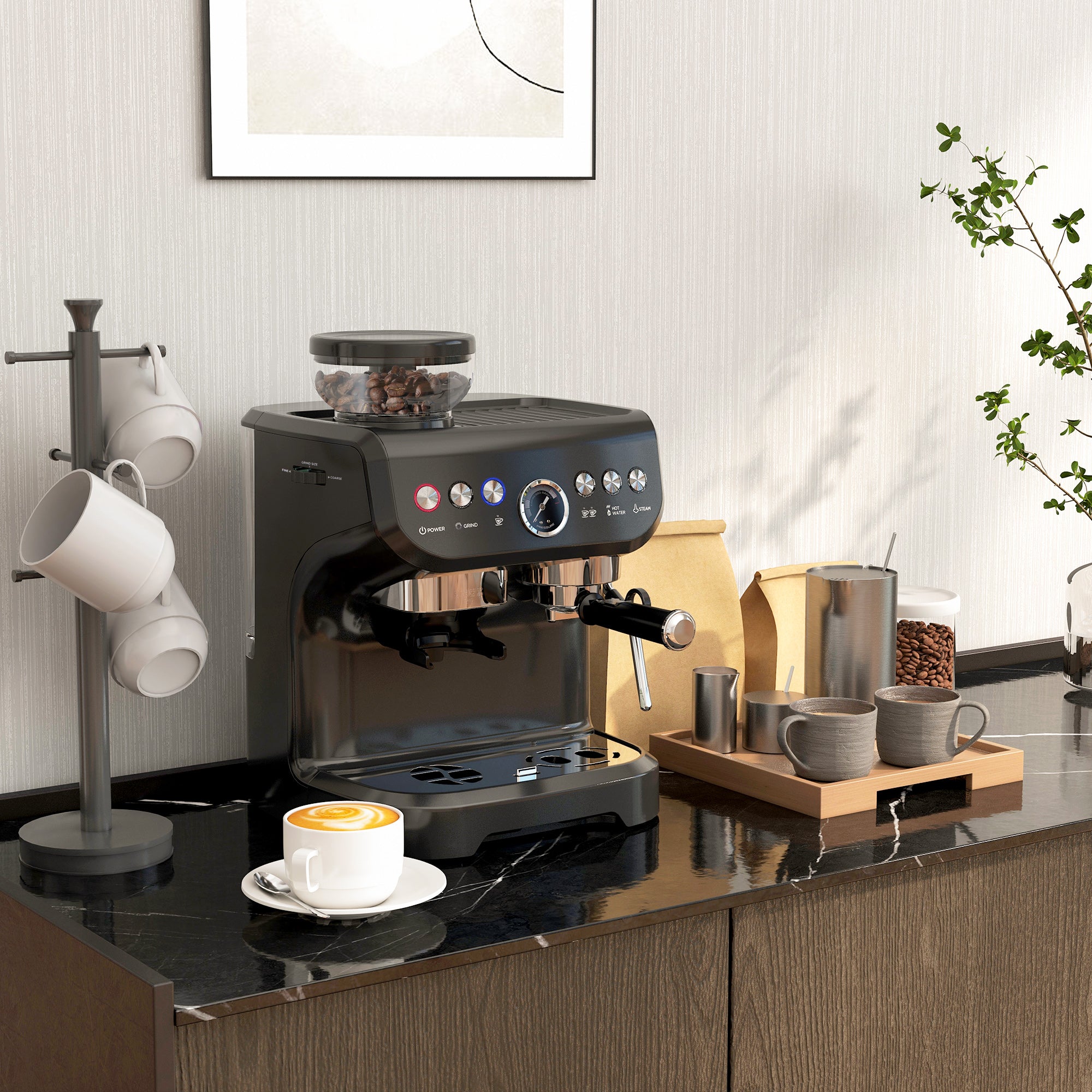 Espresso Machine with Grinder & Milk Frother - 15 Bar Black-DECOROLALA