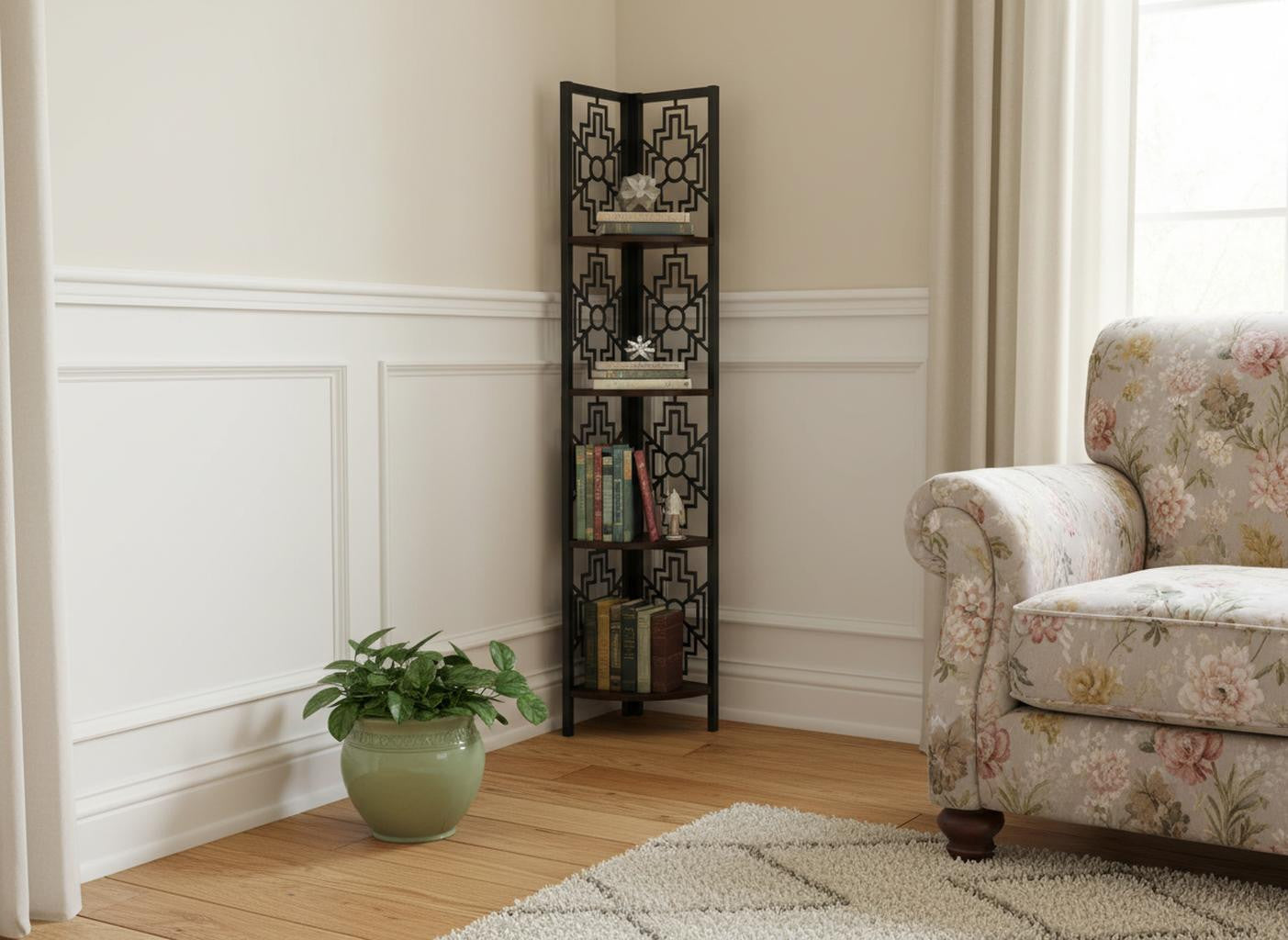 Espresso Metal Four Tier Corner Bookcase-Bookcases-DECOROLALA