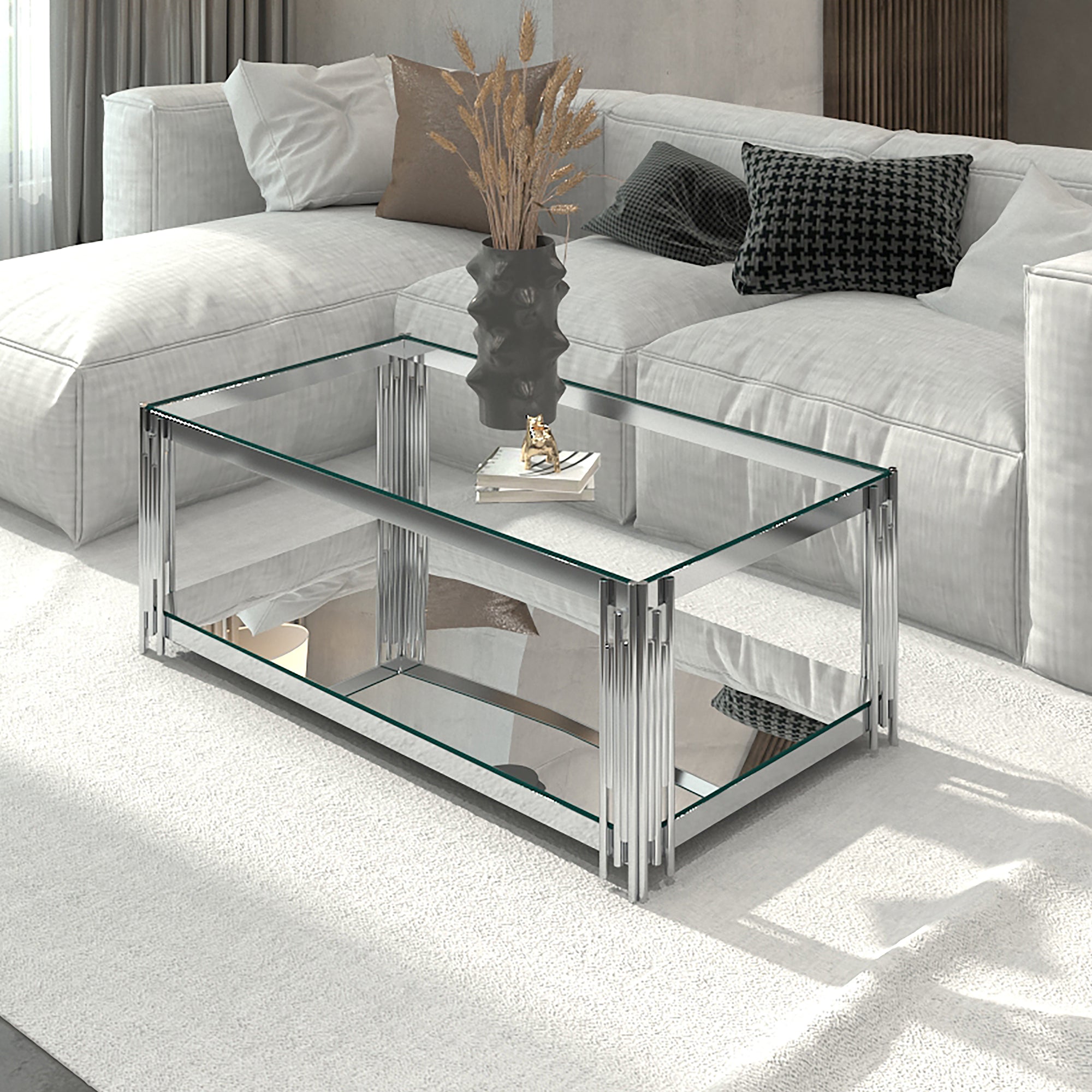 Estrel Coffee Table - Silver 2-Tier Glass and Mirror-DECOROLALA
