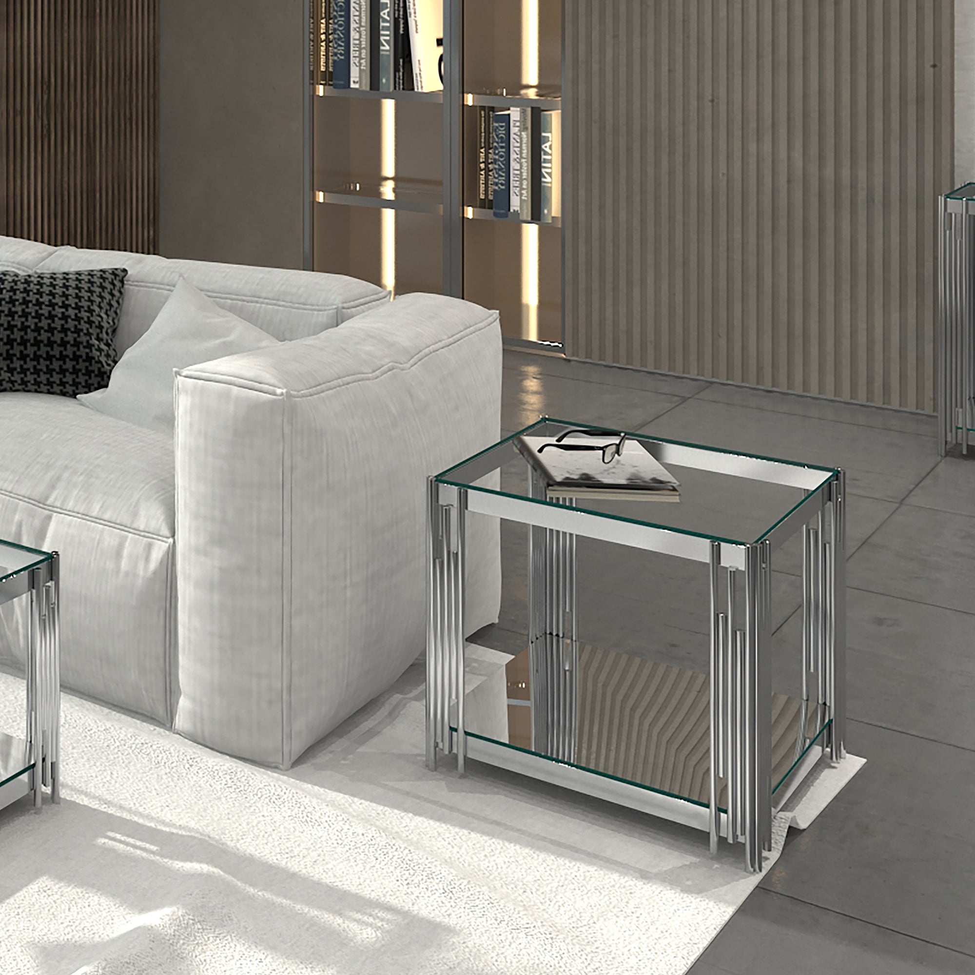 Estrel Large Accent Table - Silver Polished Metal 2-Tier Glass-DECOROLALA
