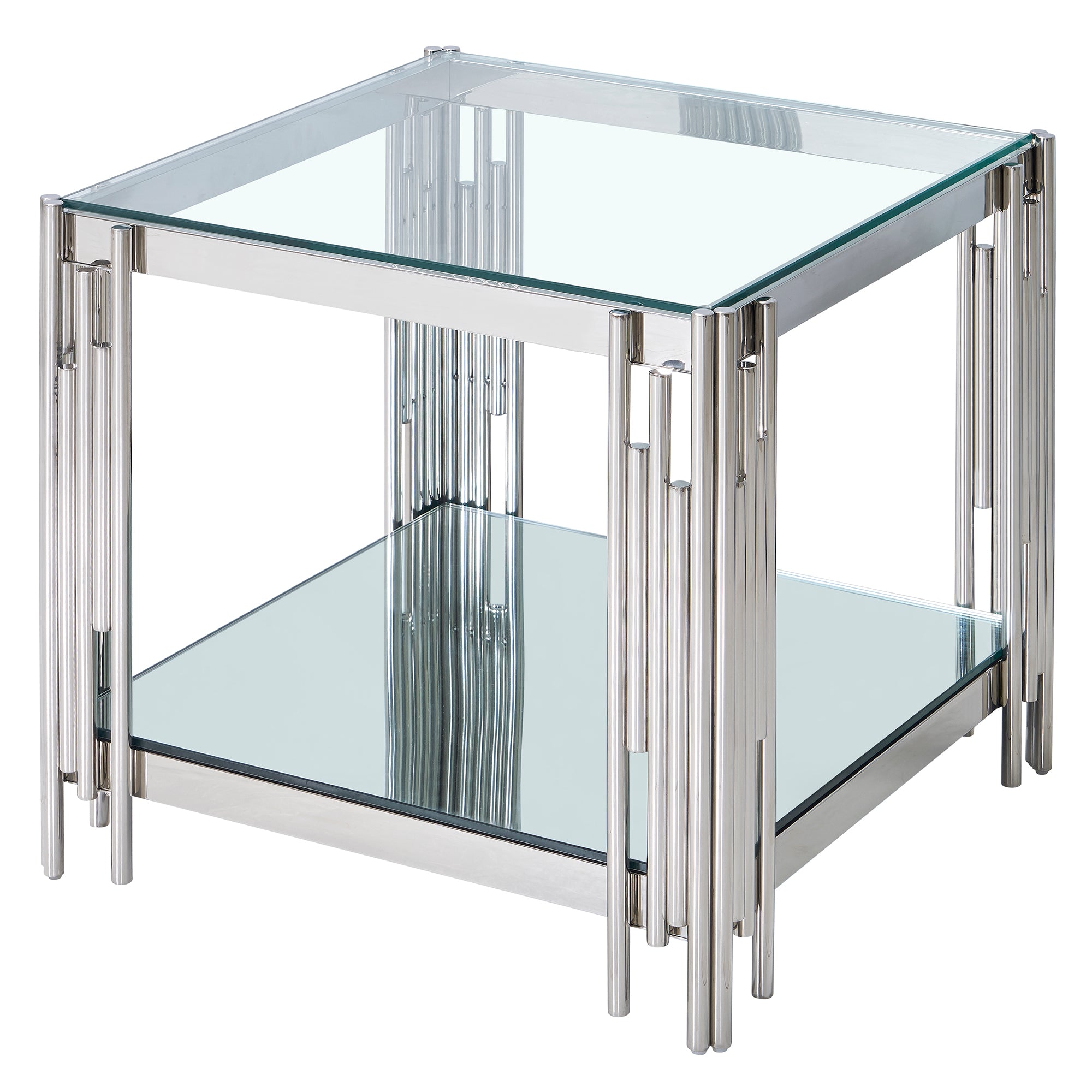 Estrel Large Accent Table - Silver Polished Metal 2-Tier Glass-DECOROLALA