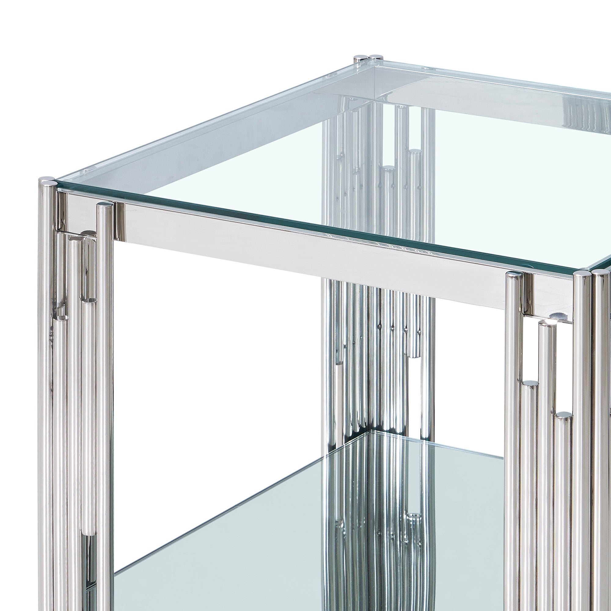 Estrel Large Accent Table - Silver Polished Metal 2-Tier Glass-DECOROLALA