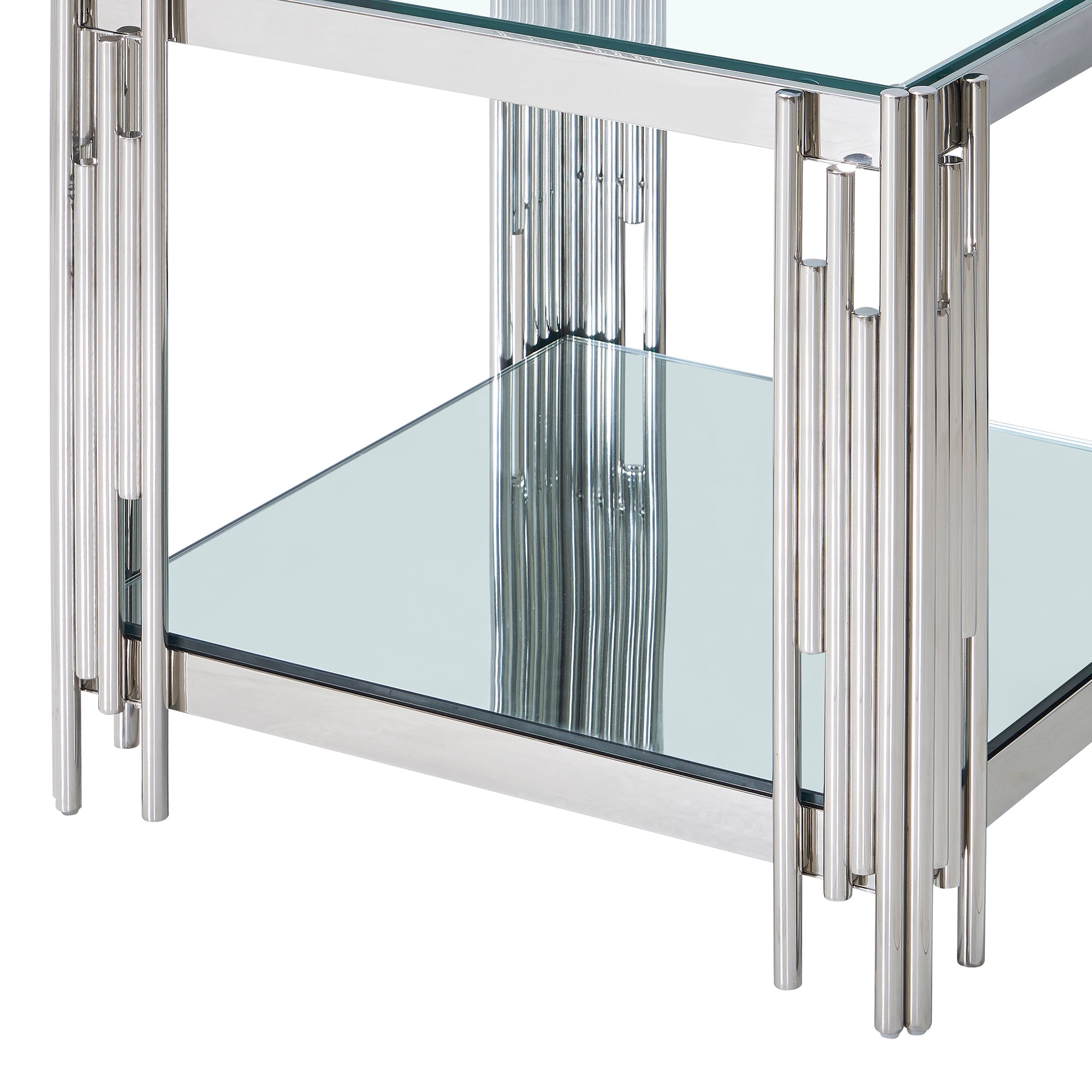 Estrel Large Accent Table - Silver Polished Metal 2-Tier Glass-DECOROLALA