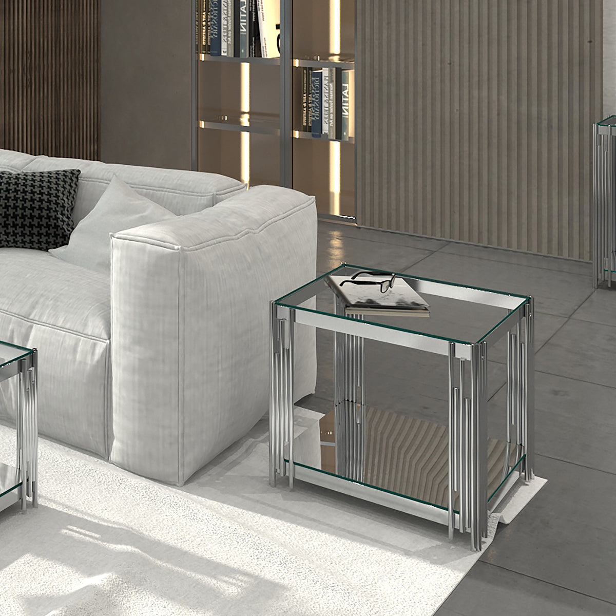Estrel Large Accent Table - Silver Polished Metal 2-Tier Glass-DECOROLALA