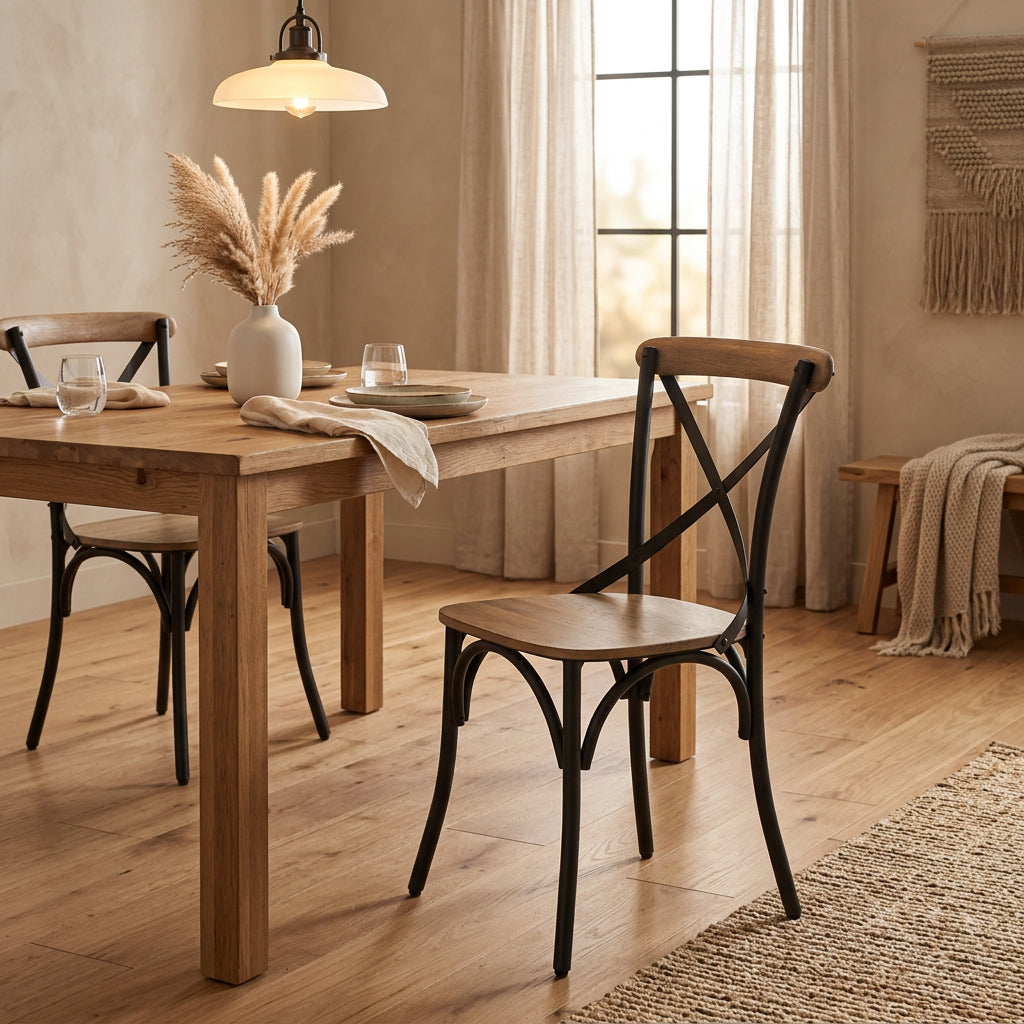 Etienne Cross Back Dining Side Chair | Light Brown Wood w/ Iron-Dining Chairs-DECOROLALA