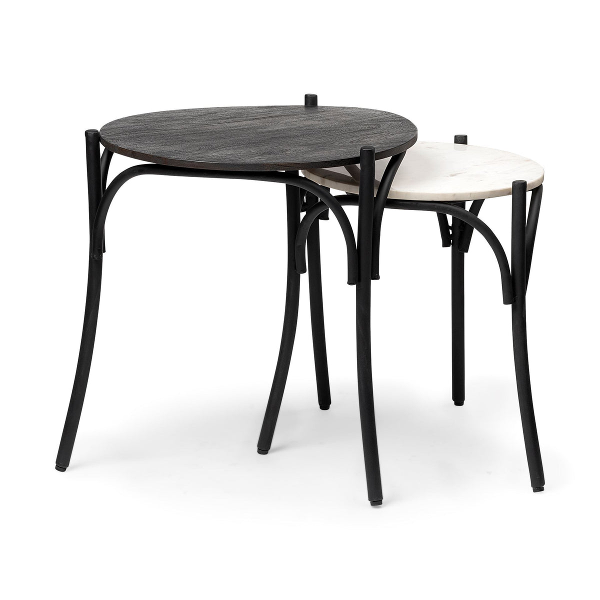Etienne VII 24" Set of Two Round Top Black Wood and Marble Top Nesting Table-End and Side Tables-DECOROLALA