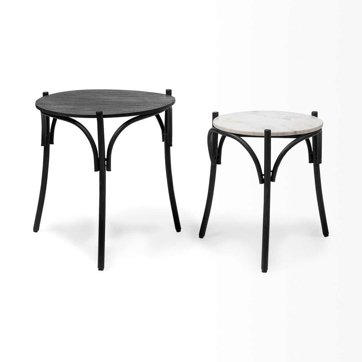 Etienne VII 24" Set of Two Round Top Black Wood and Marble Top Nesting Table-End and Side Tables-DECOROLALA
