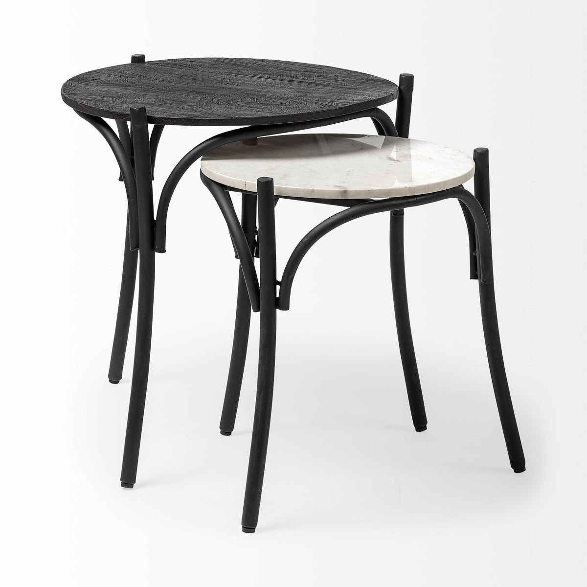 Etienne VII 24" Set of Two Round Top Black Wood and Marble Top Nesting Table-End and Side Tables-DECOROLALA