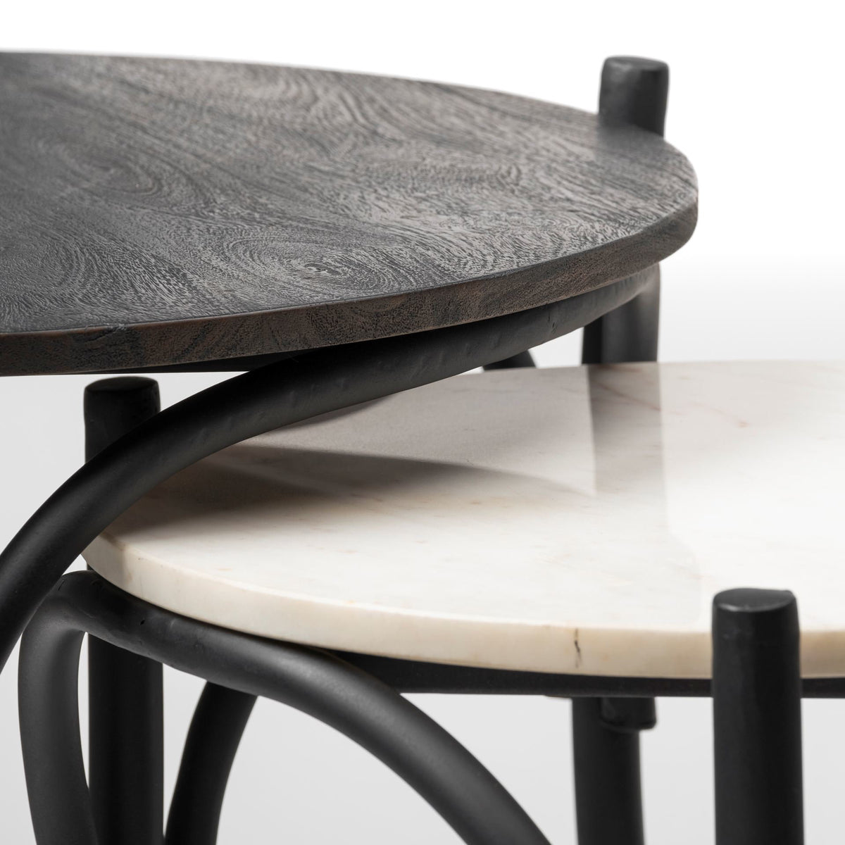 Etienne VII 24" Set of Two Round Top Black Wood and Marble Top Nesting Table-End and Side Tables-DECOROLALA