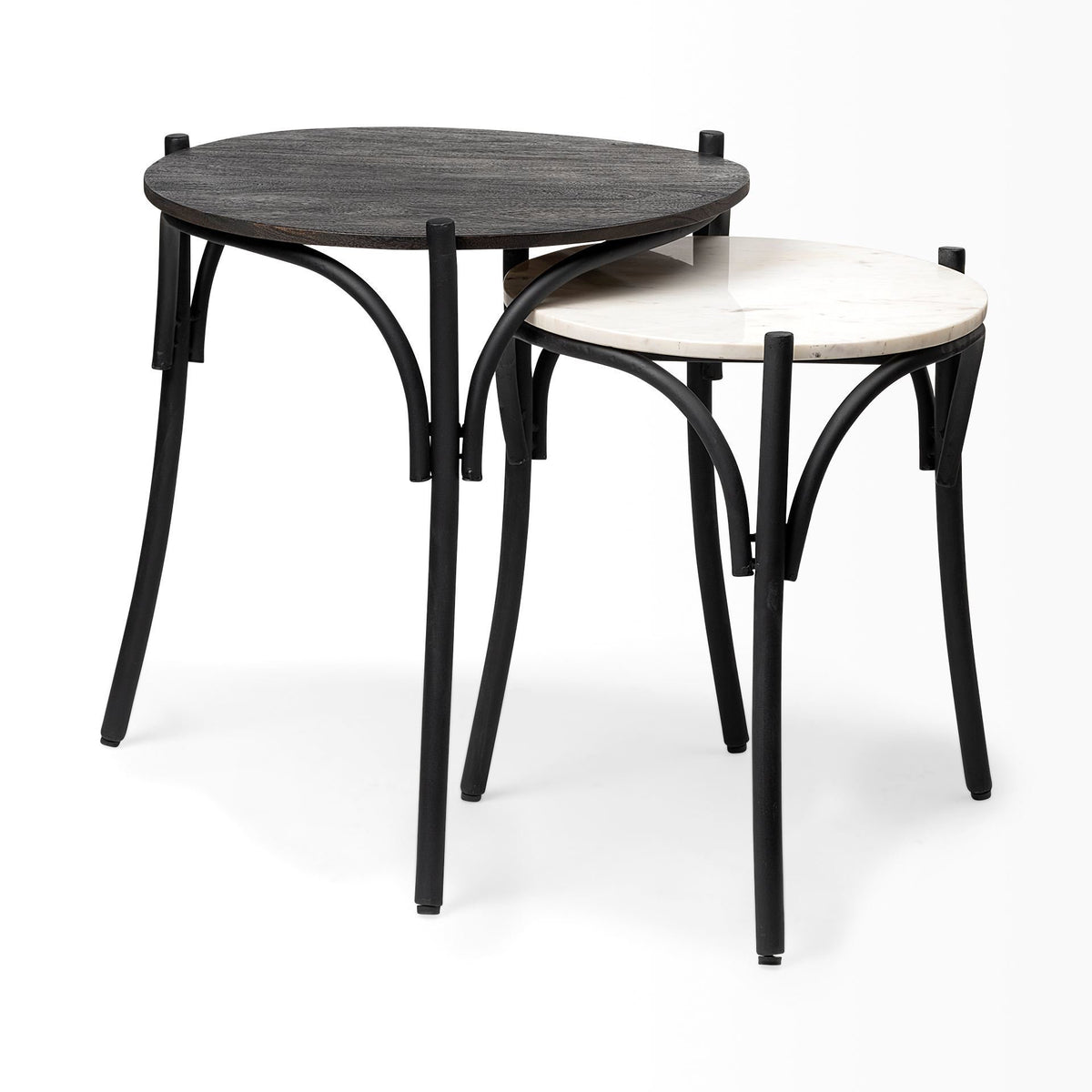 Etienne VII 24" Set of Two Round Top Black Wood and Marble Top Nesting Table-End and Side Tables-DECOROLALA