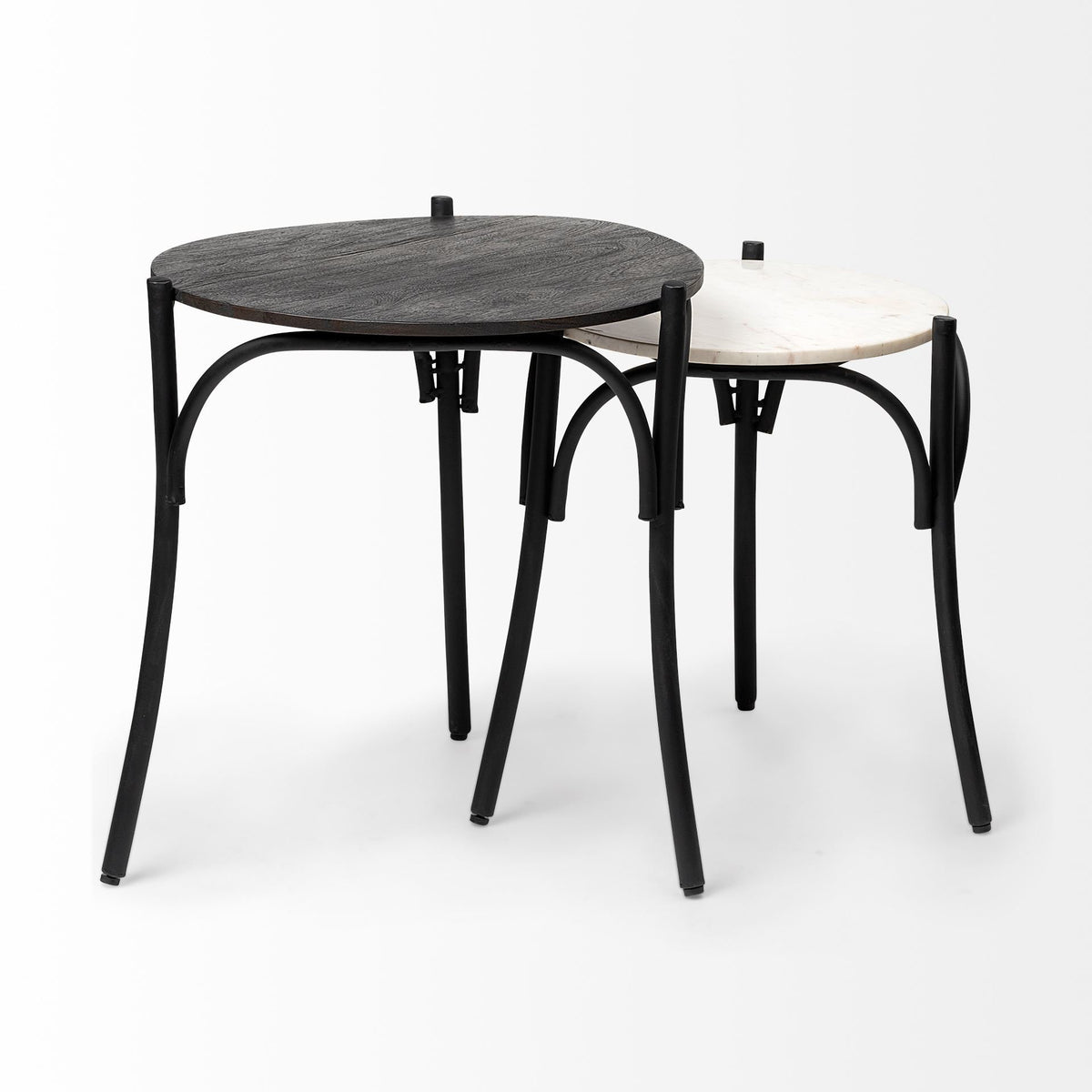 Etienne VII 24" Set of Two Round Top Black Wood and Marble Top Nesting Table-End and Side Tables-DECOROLALA