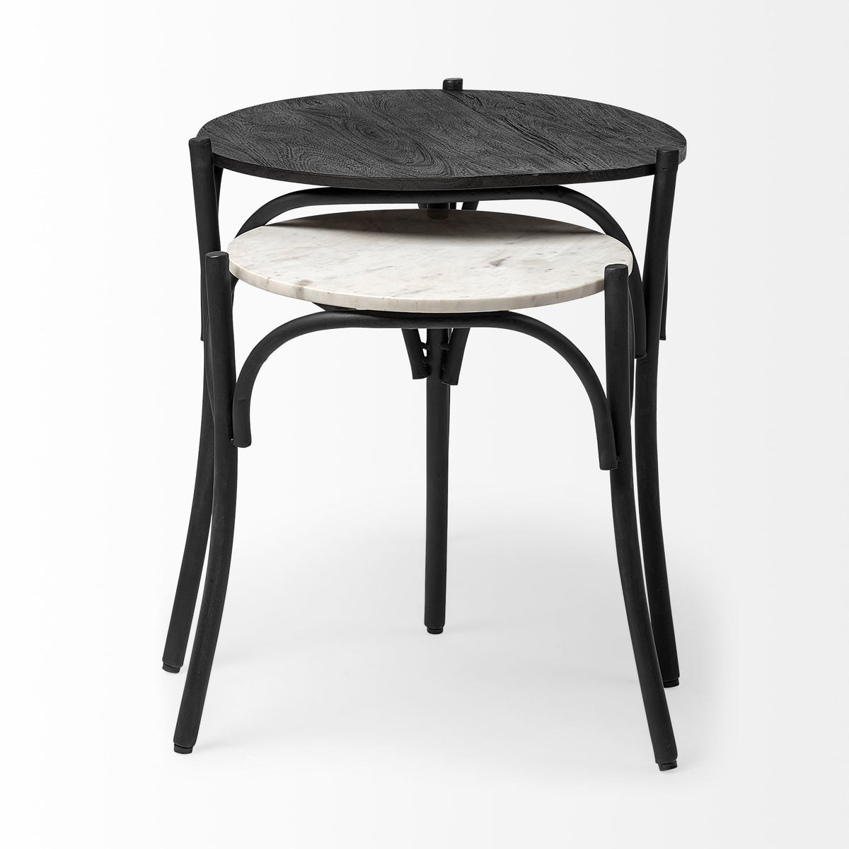 Etienne VII 24" Set of Two Round Top Black Wood and Marble Top Nesting Table-End and Side Tables-DECOROLALA