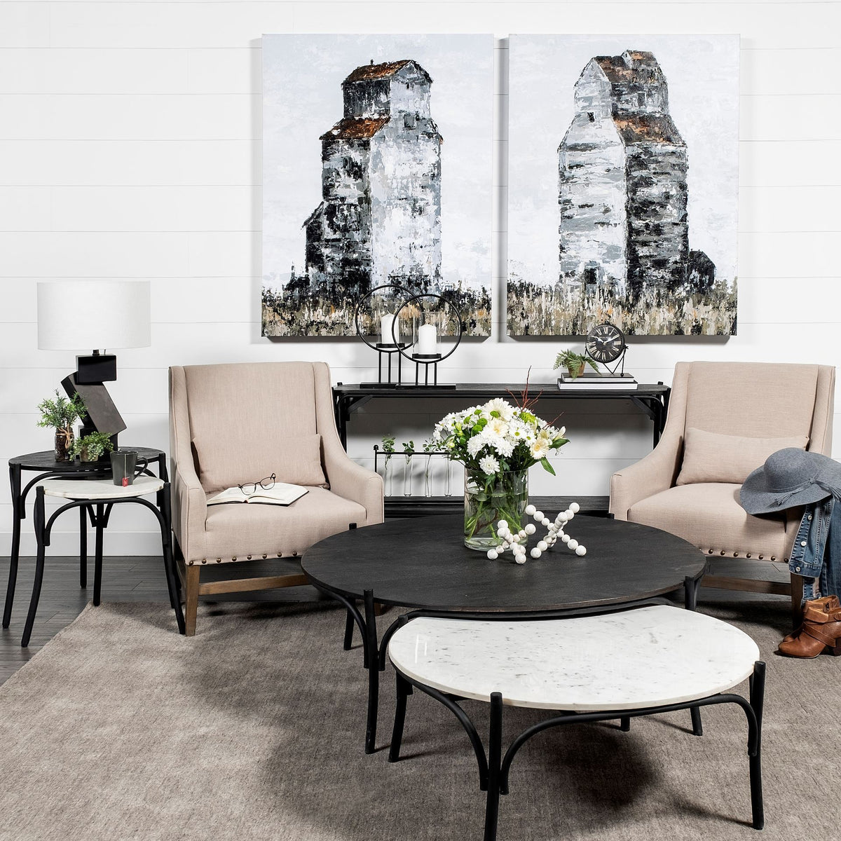 Etienne VII 24" Set of Two Round Top Black Wood and Marble Top Nesting Table-End and Side Tables-DECOROLALA