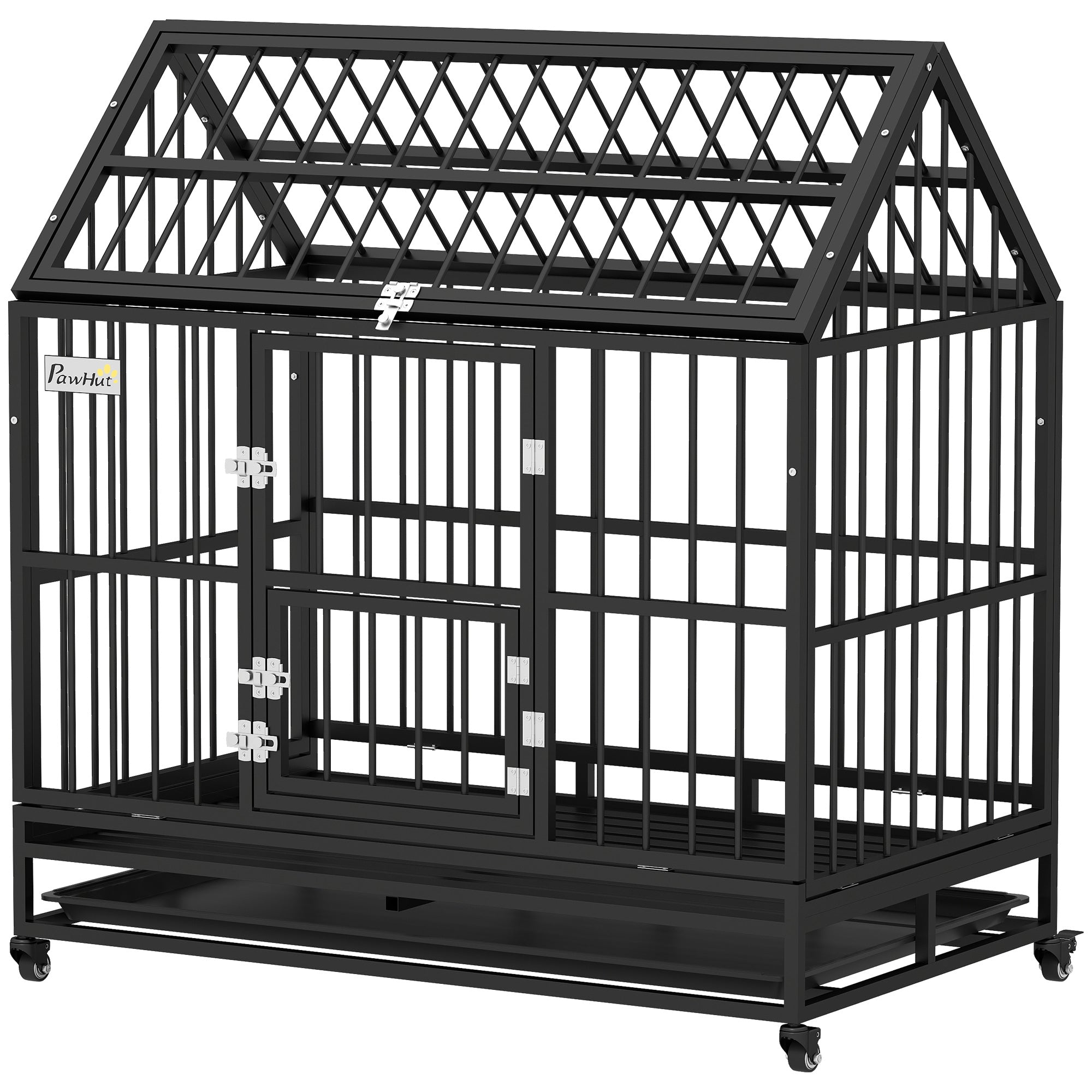 Cage pour chien robuste de 49" avec bac amovible, portes et toit ouvrable, pour chiens grands et très grands, noir