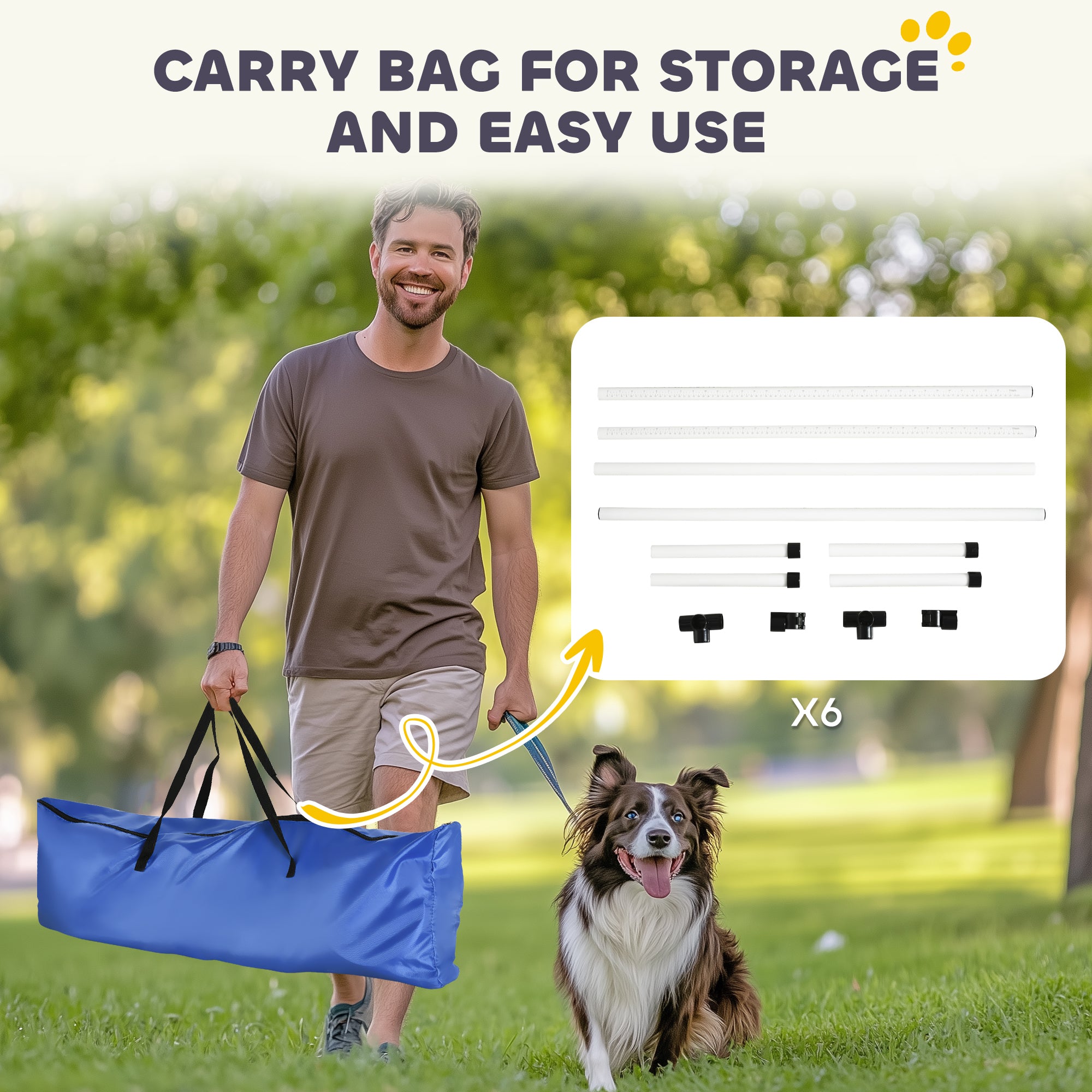 Ensemble de 6 équipements d’entraînement à l’agilité pour chien, barre de saut réglable, kit d’exercice pour animal de compagnie avec sac de transport (blanc)