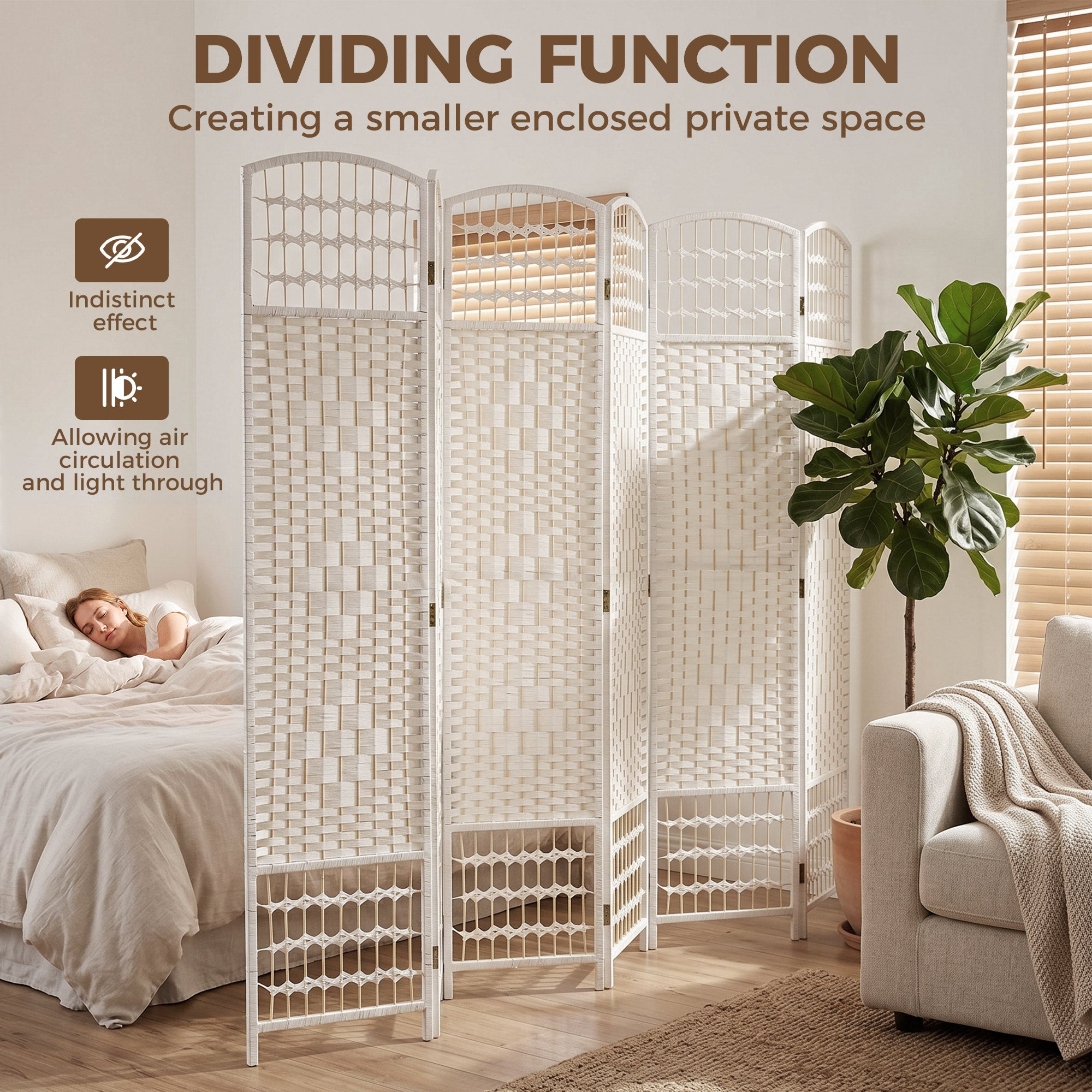 6 Panel Folding Room Divider, Portable Privacy Screen, Wave Fiber Room Partition for Home Office, White