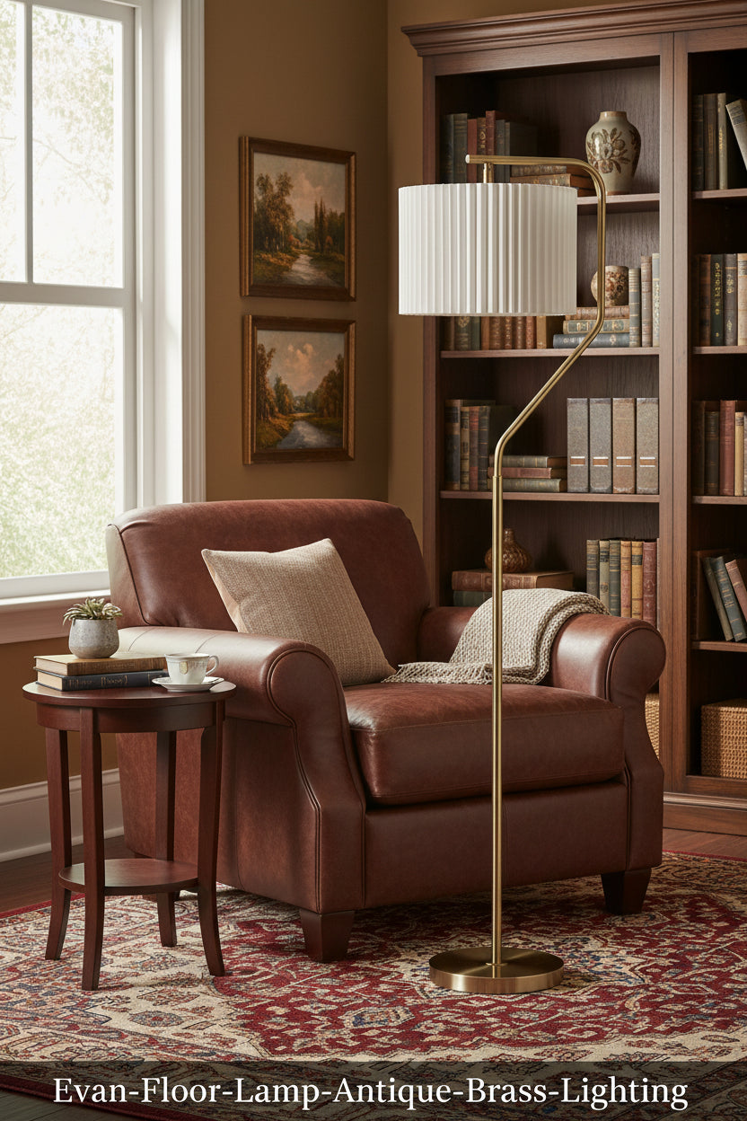 Evan Floor Lamp - Antique Brass 60" Drum Shade-Lighting-DECOROLALA