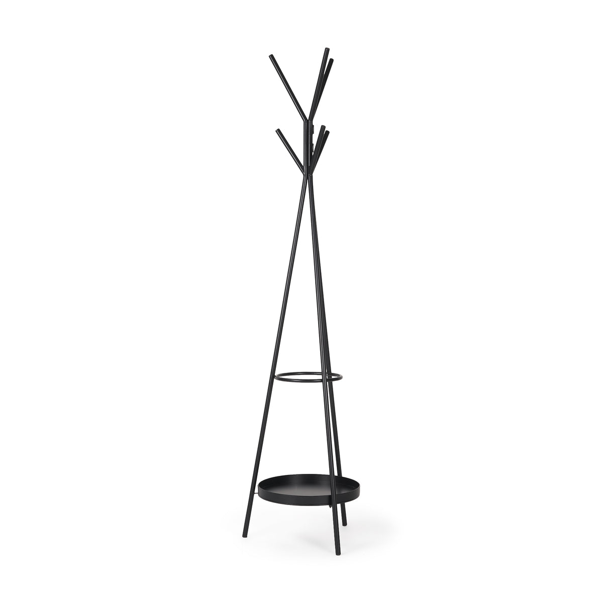 Everett Matte Black Metal w/ Two Metal Shelves Coat Rack-Coat Racks-DECOROLALA