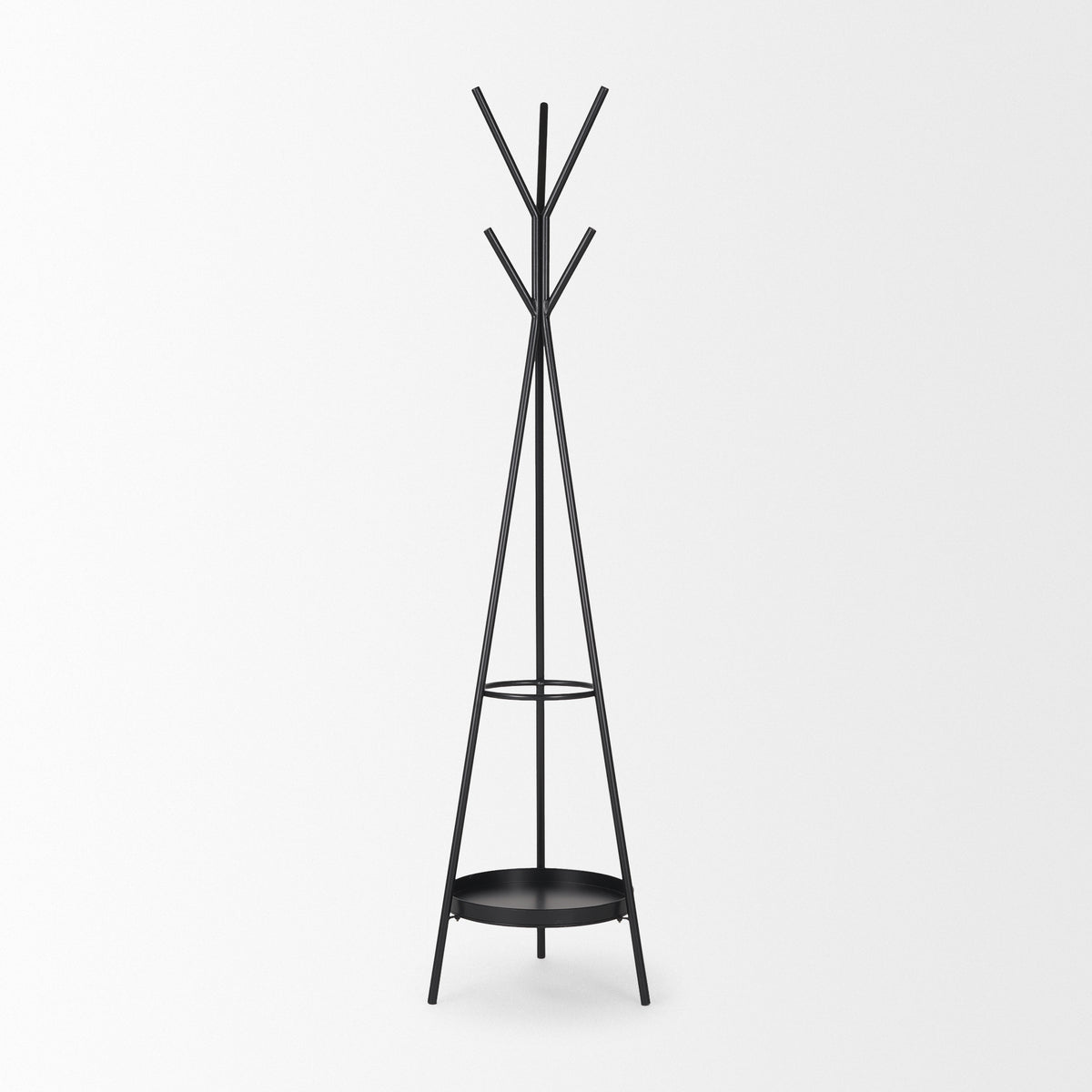 Everett Matte Black Metal w/ Two Metal Shelves Coat Rack-Coat Racks-DECOROLALA