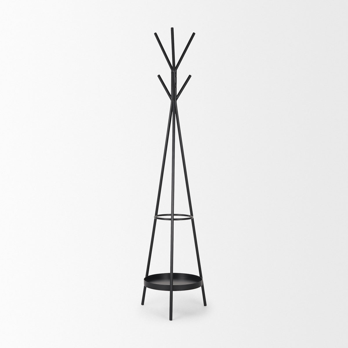 Everett Matte Black Metal w/ Two Metal Shelves Coat Rack-Coat Racks-DECOROLALA