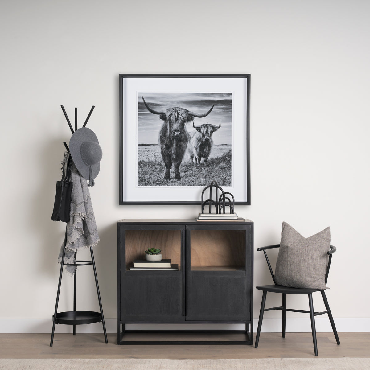 Everett Matte Black Metal w/ Two Metal Shelves Coat Rack-Coat Racks-DECOROLALA